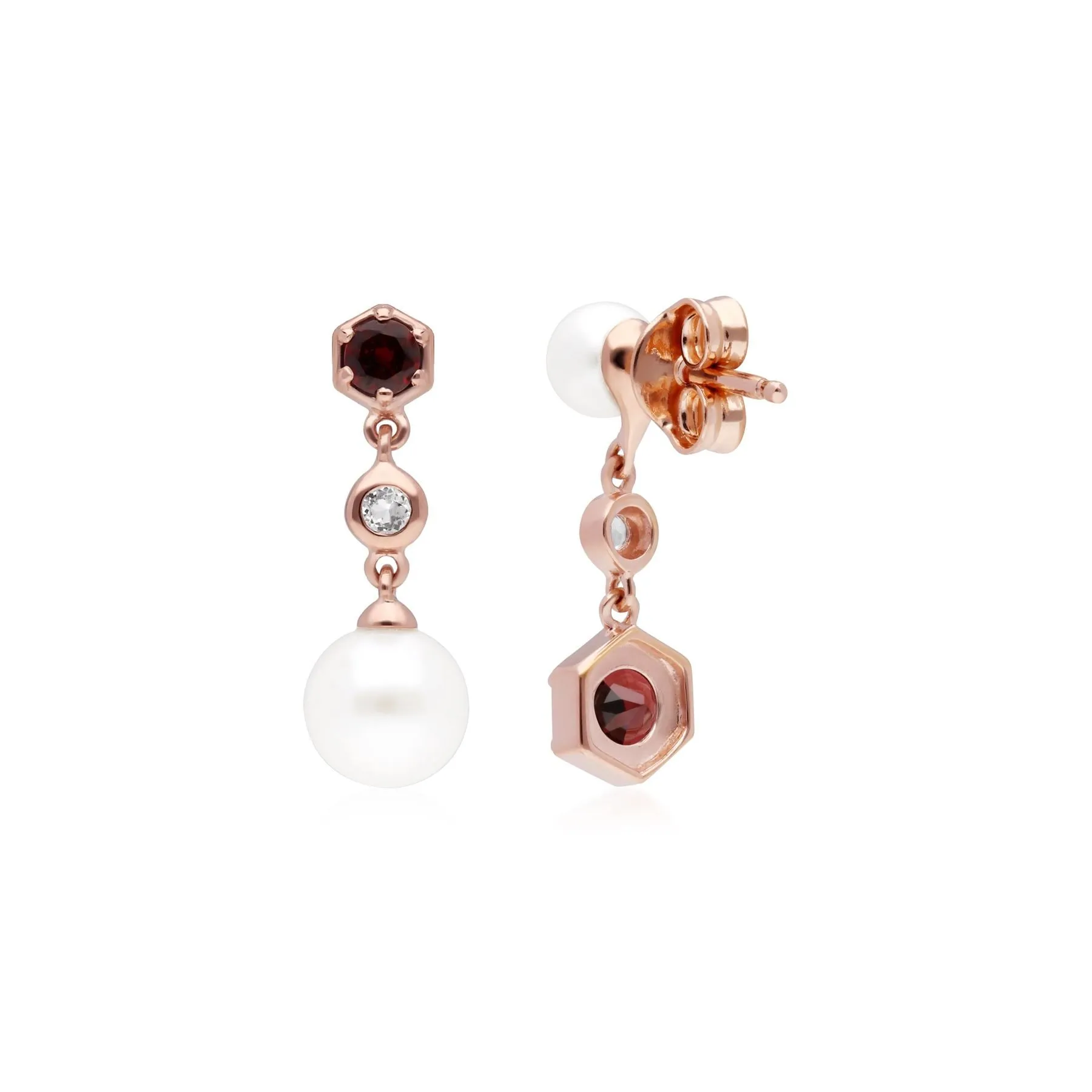 Moderne Perle, Granat & Topas Asymmetrische Tropfen Ohrringe in Rose Vergoldetem Sterling Silber