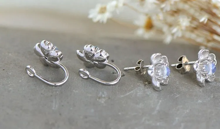 Moonstone Stud Earrings Clip Earrings in White Gold Plated Silver Jewelry Women
