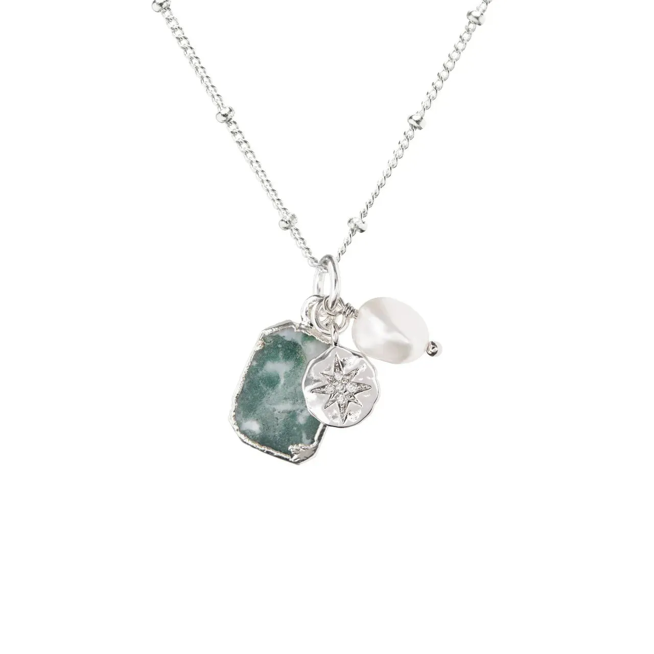 Moss Agate Gem Slice Triple Necklace - New Beginnings (Silver)