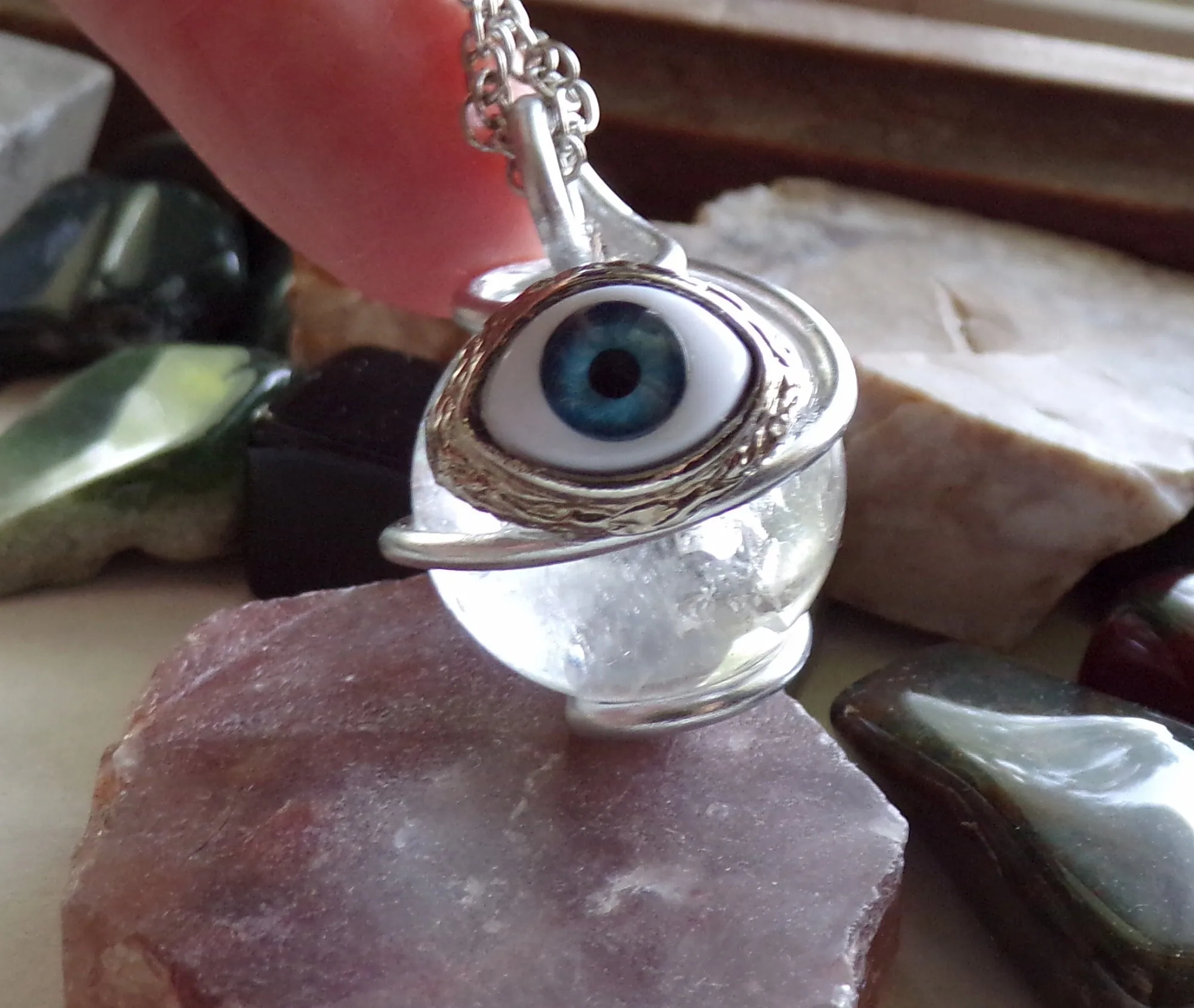 Natural Clear Quartz Crystal Ball Evil Eye Pendant Necklace