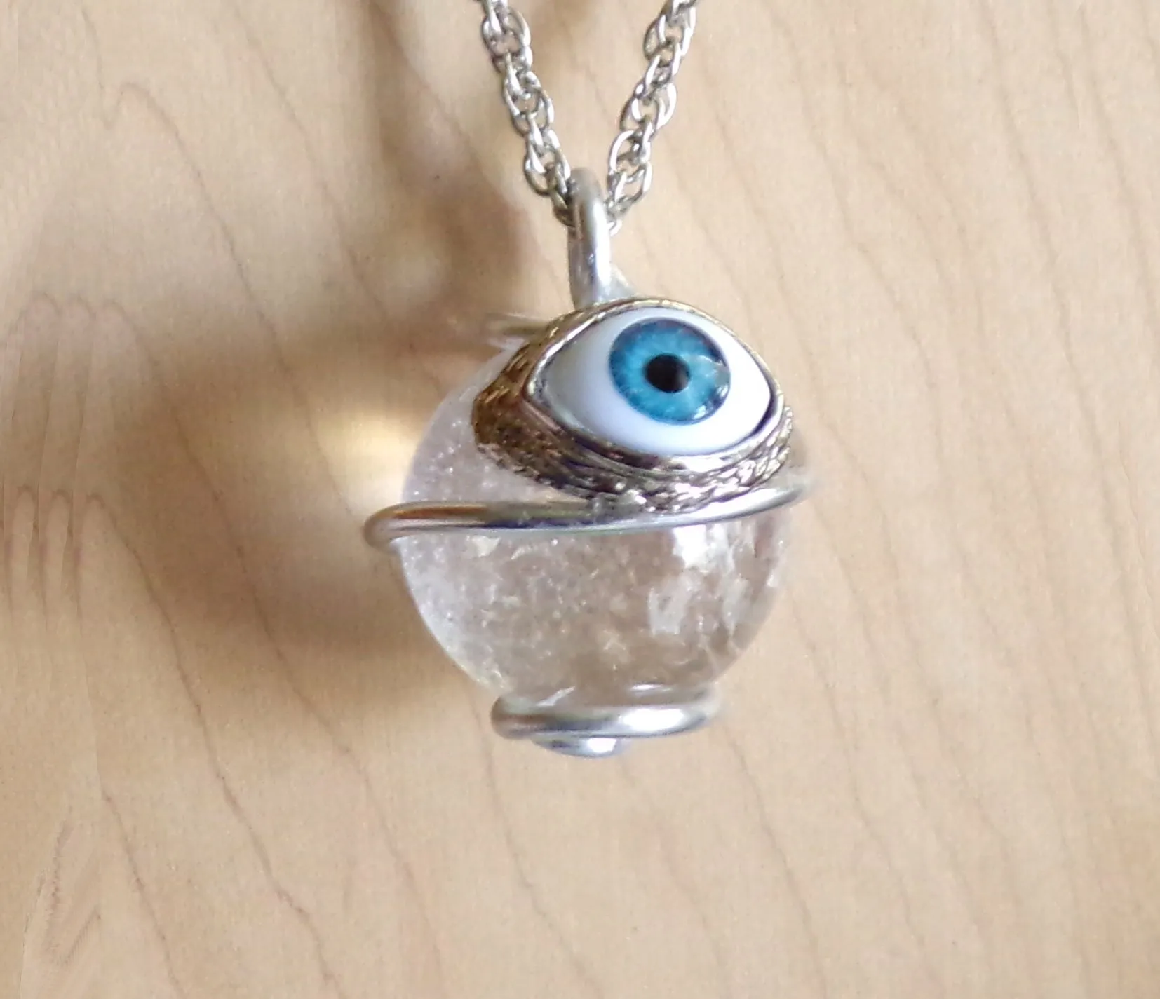 Natural Clear Quartz Crystal Ball Evil Eye Pendant Necklace