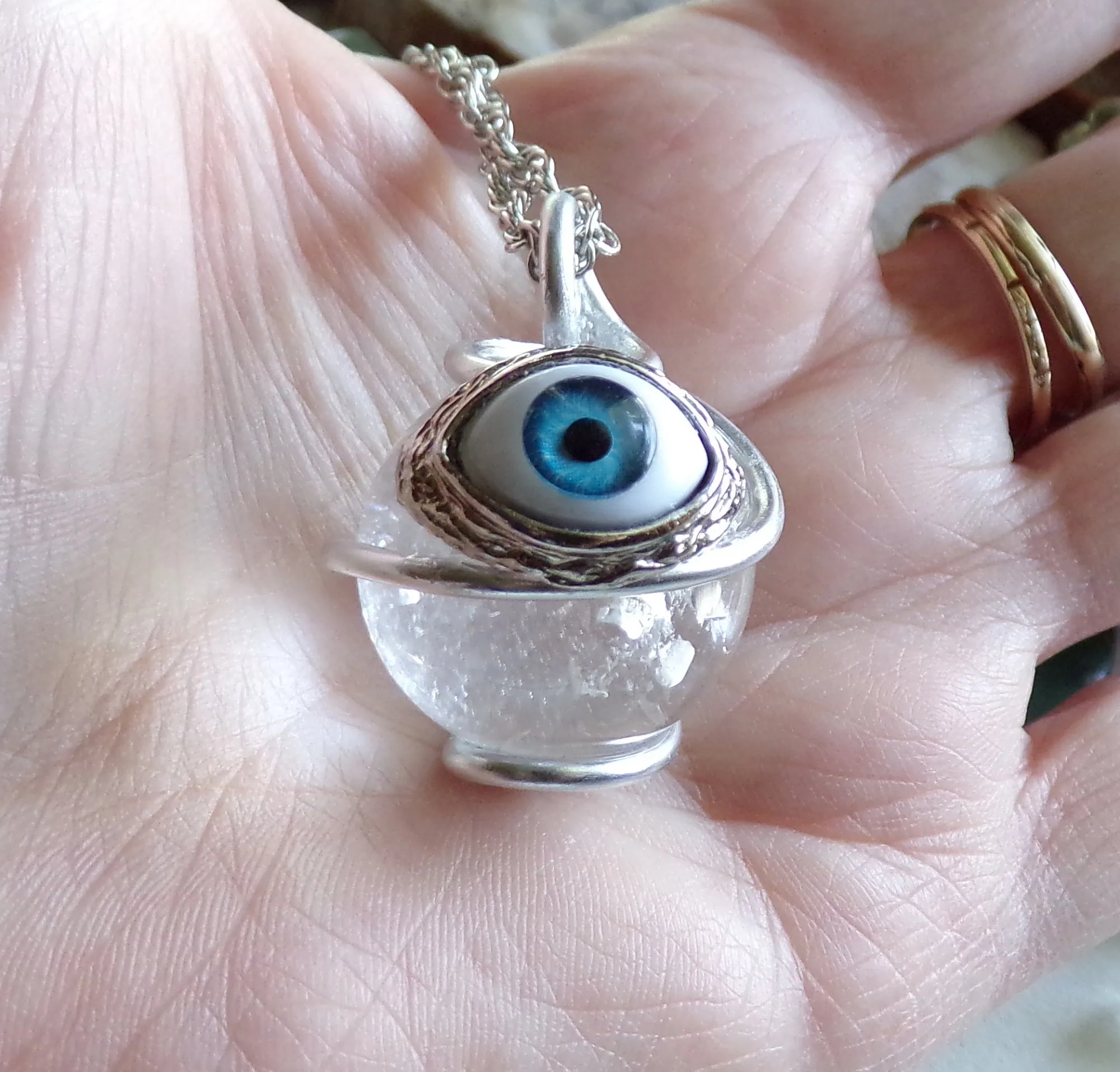 Natural Clear Quartz Crystal Ball Evil Eye Pendant Necklace