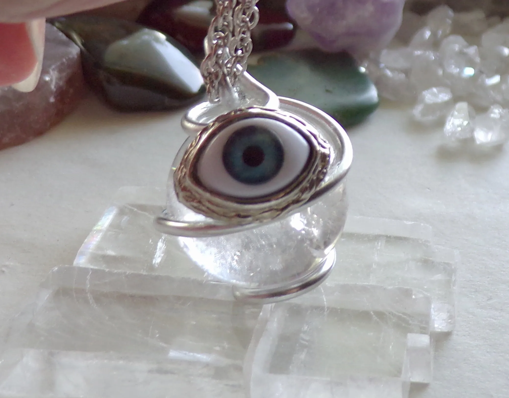 Natural Clear Quartz Crystal Ball Evil Eye Pendant Necklace