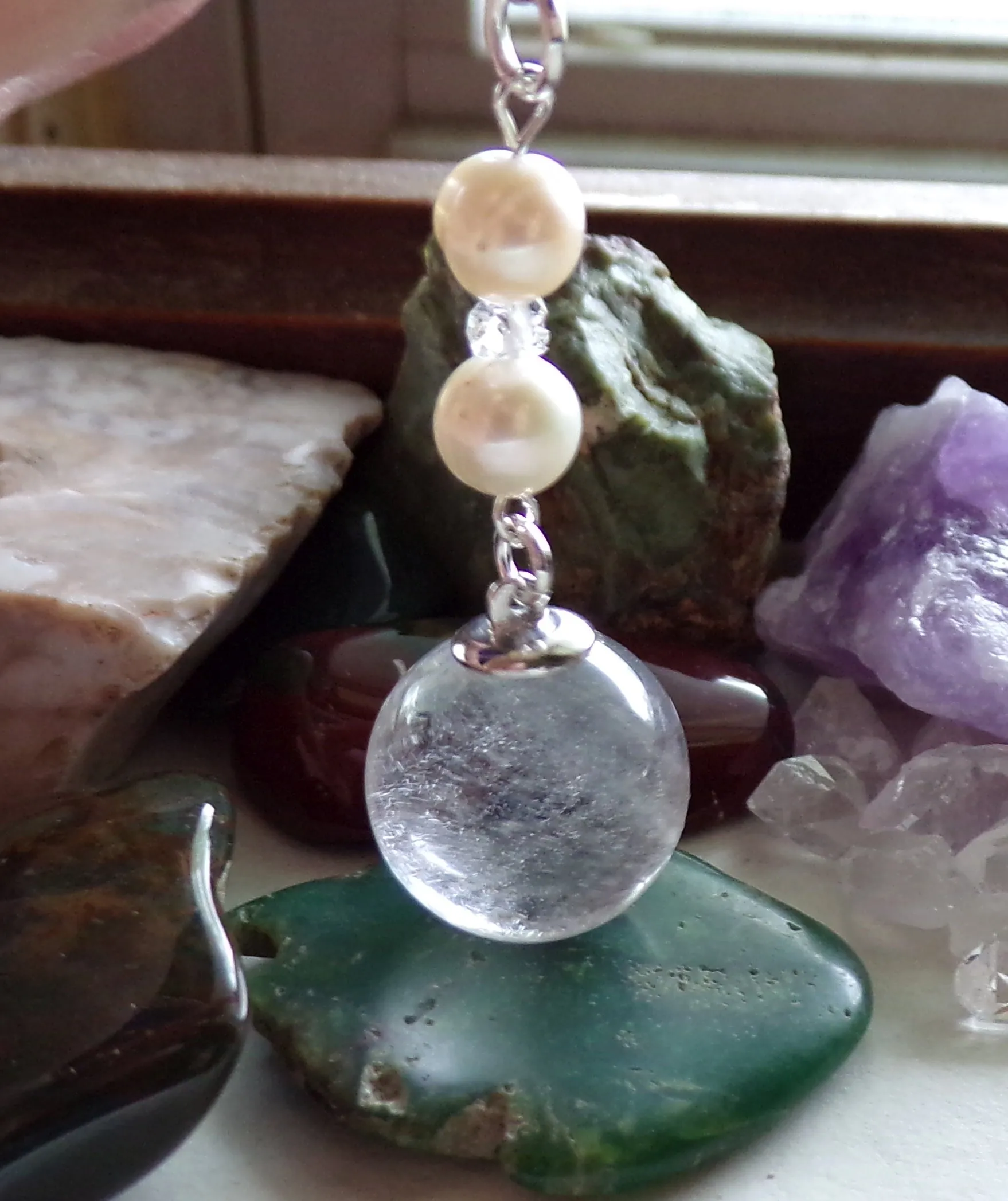 Natural Quartz Crystal Ball Freshwater Pearl Pendant Necklace