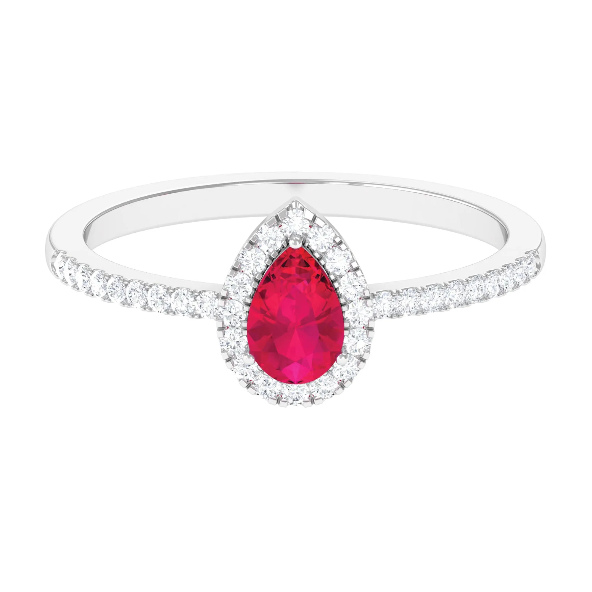 Natural Ruby Teardrop Ring with Diamond Halo