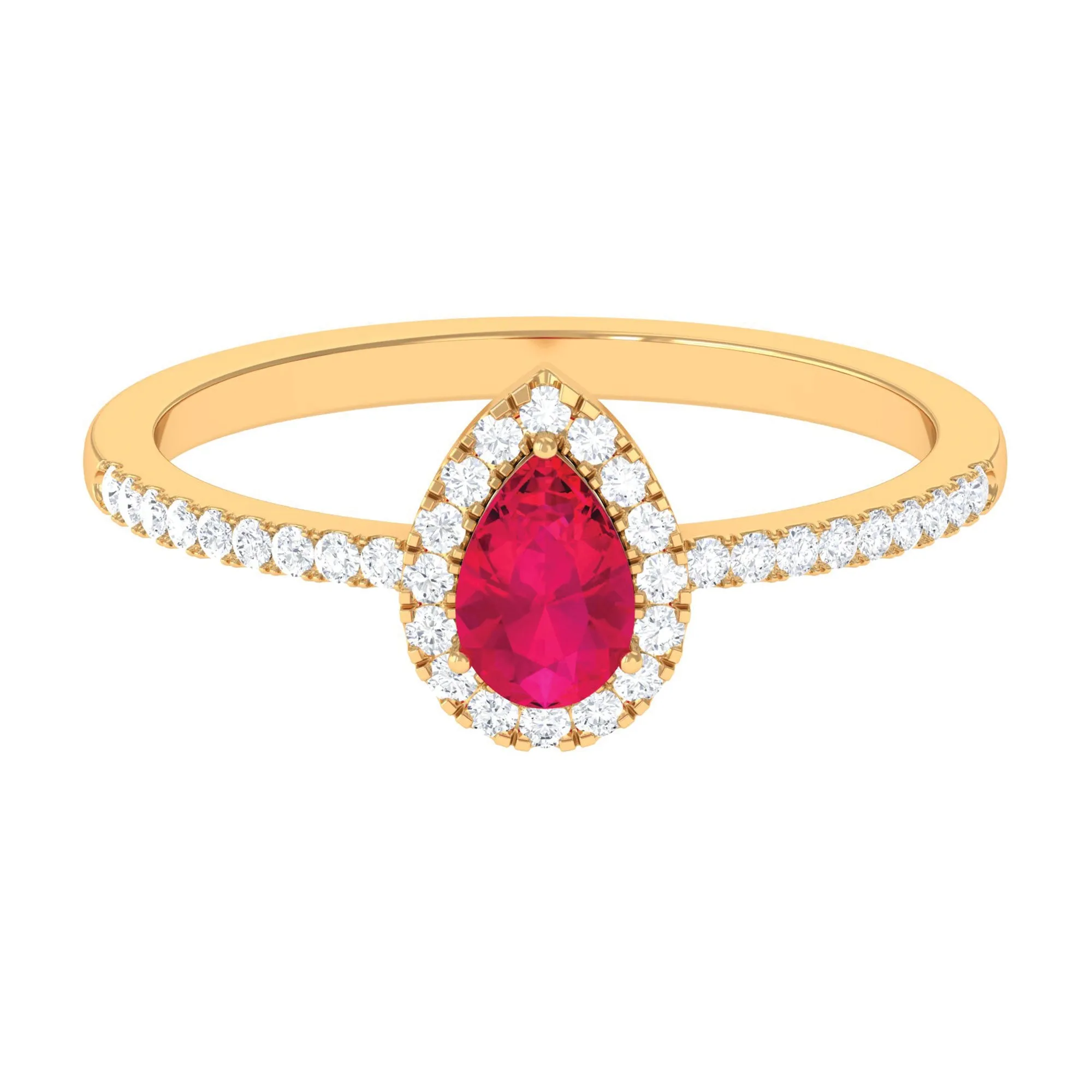 Natural Ruby Teardrop Ring with Diamond Halo