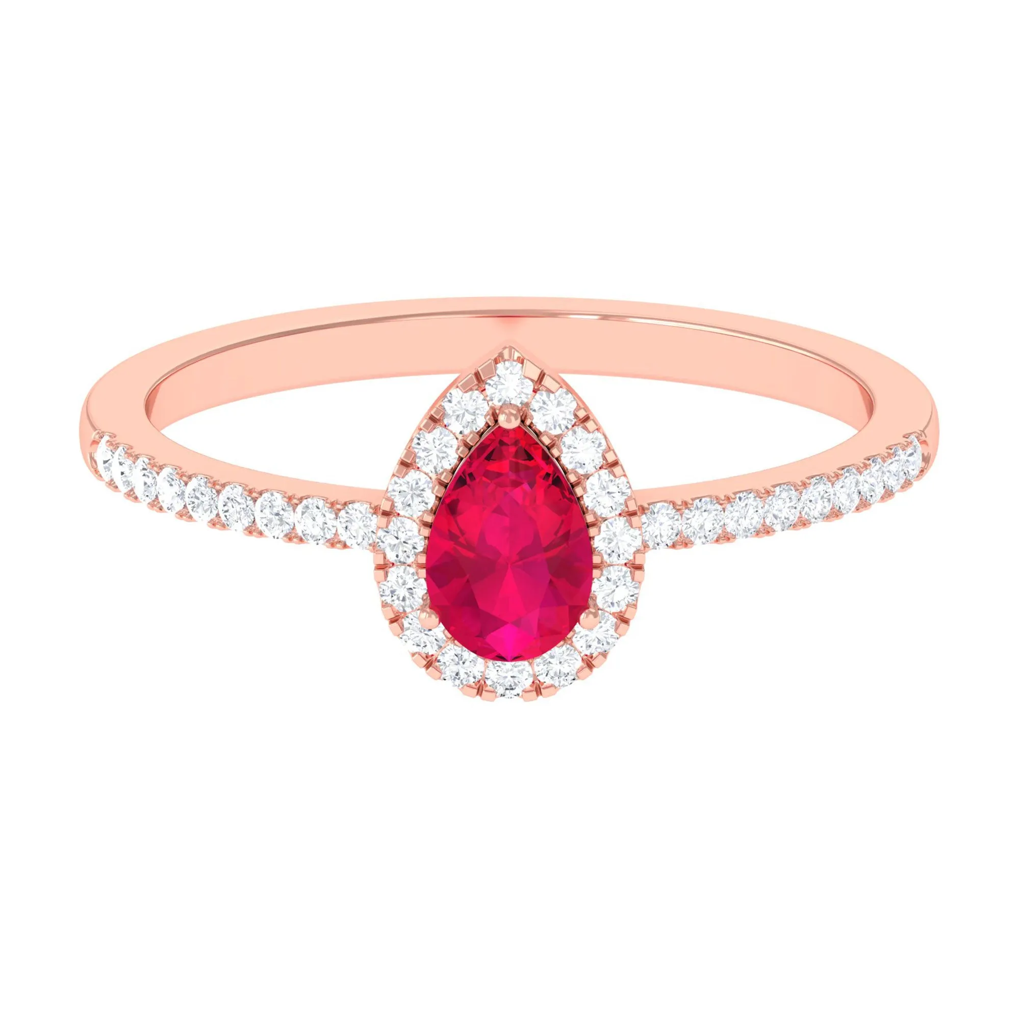 Natural Ruby Teardrop Ring with Diamond Halo