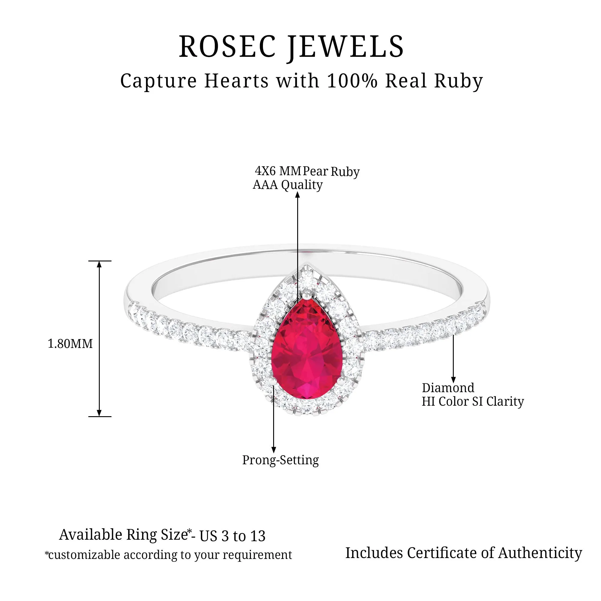 Natural Ruby Teardrop Ring with Diamond Halo