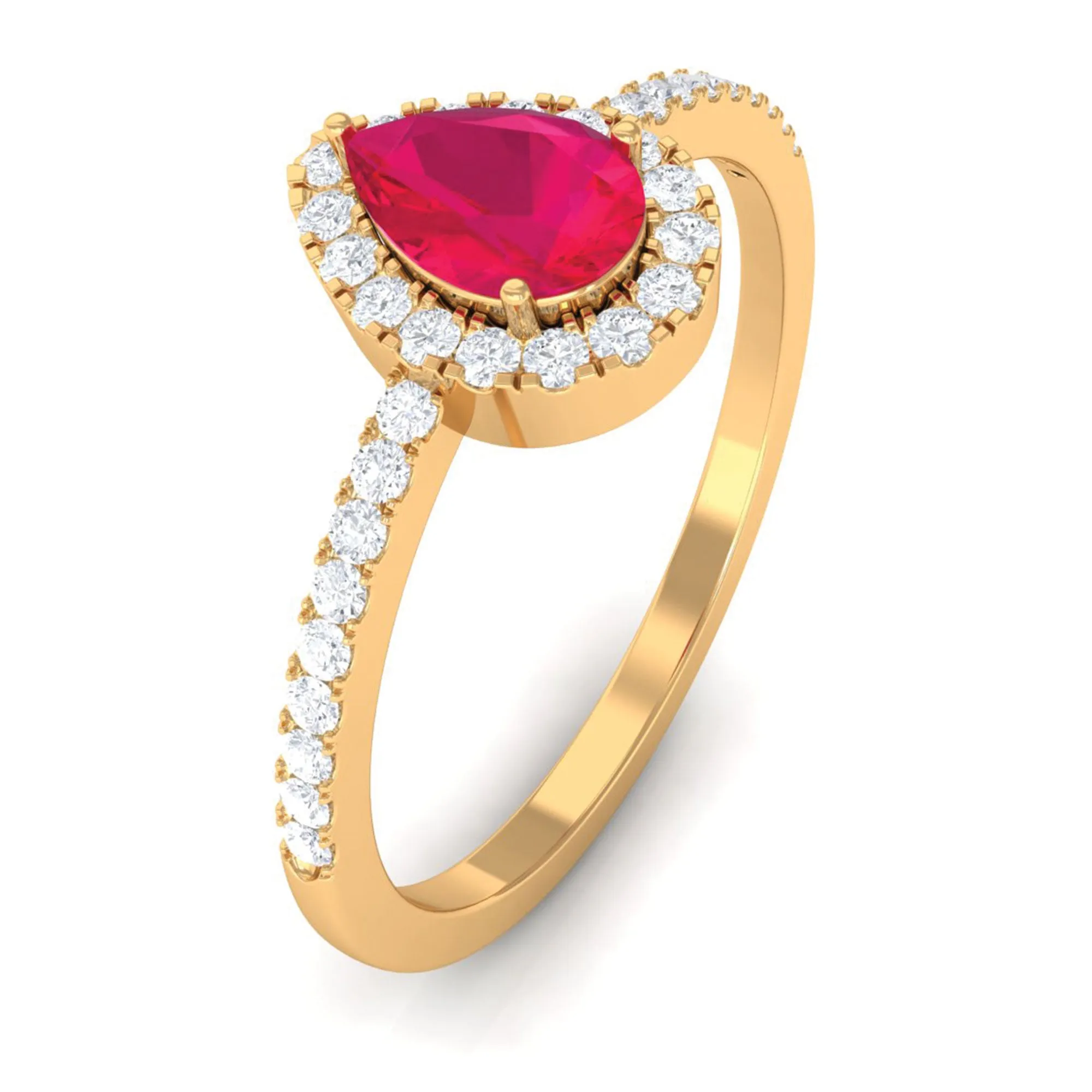 Natural Ruby Teardrop Ring with Diamond Halo