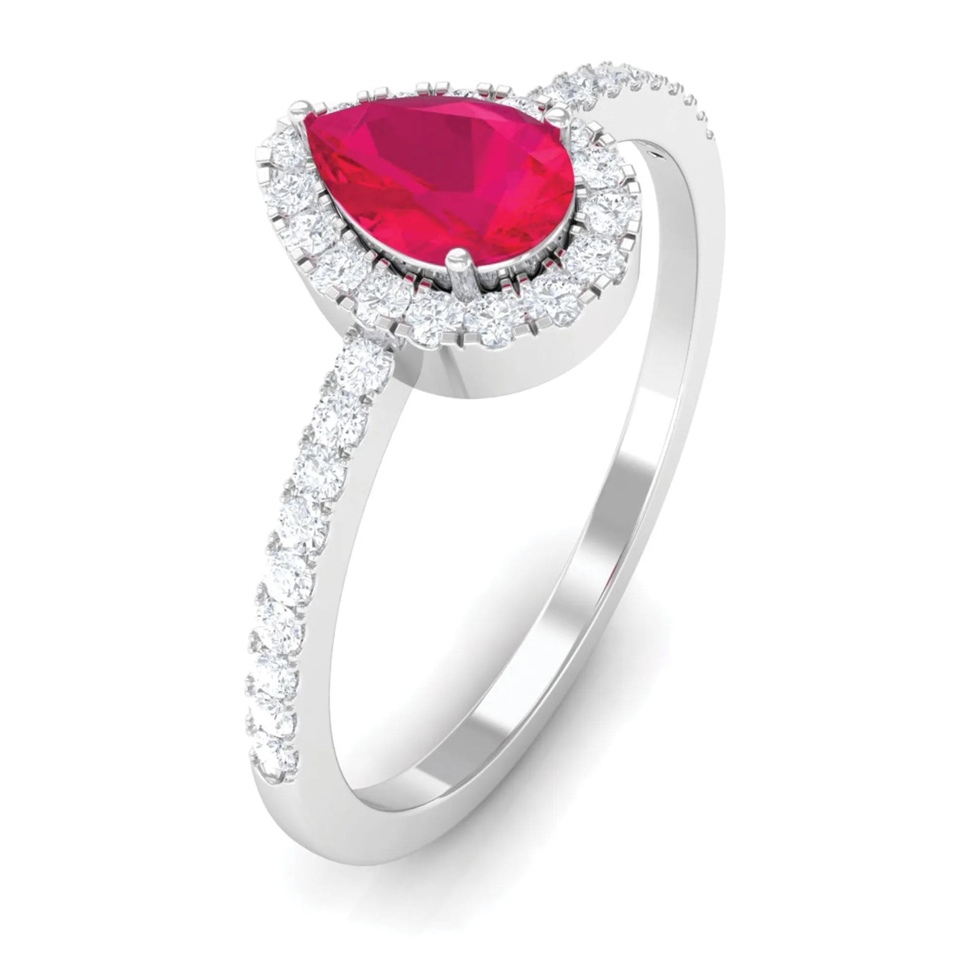 Natural Ruby Teardrop Ring with Diamond Halo