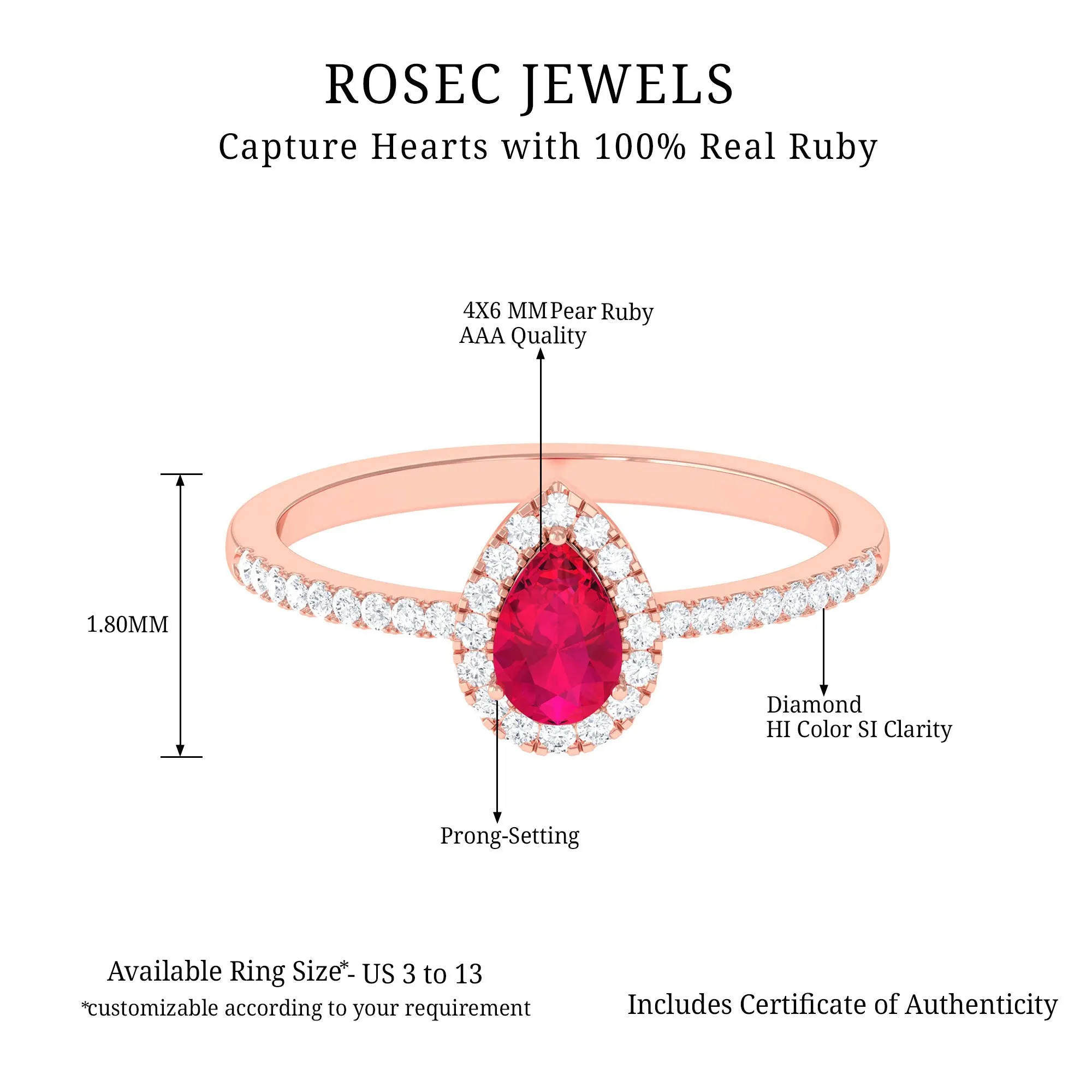 Natural Ruby Teardrop Ring with Diamond Halo