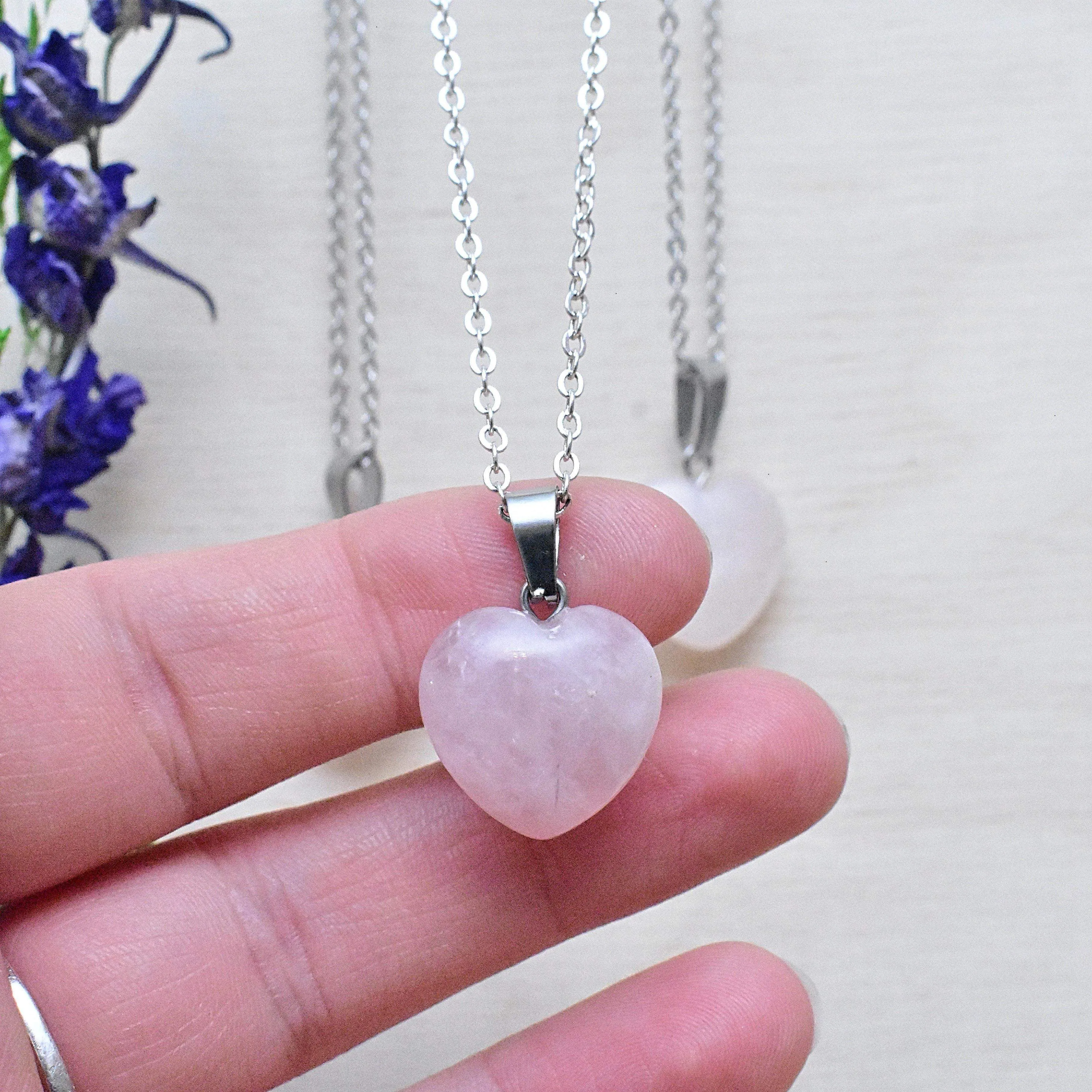 Natural Silver Rose Quartz Heart Healing Necklace