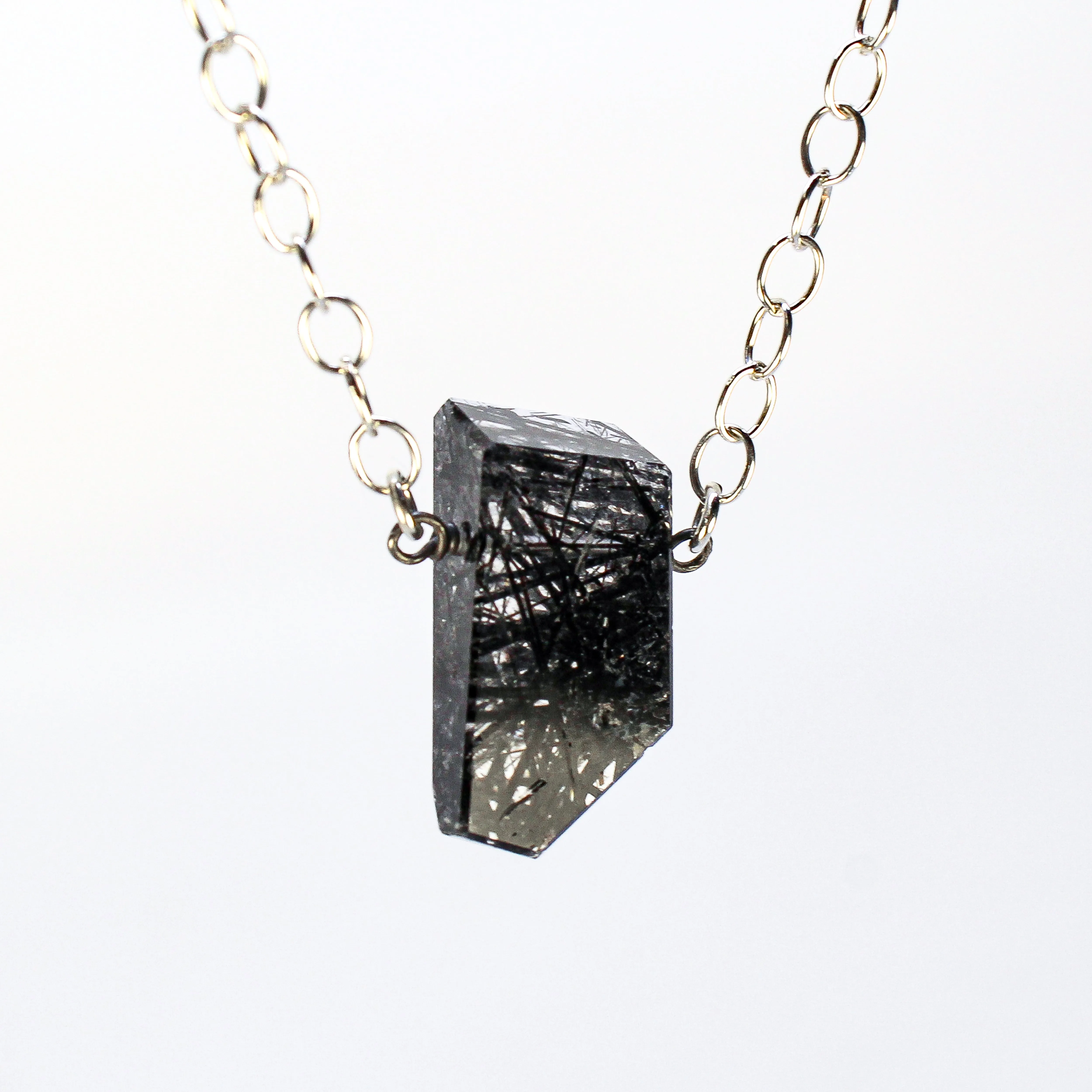 NEW! Geometric Tourmalinated Quartz on Sterling Silver Necklace by Rina Young