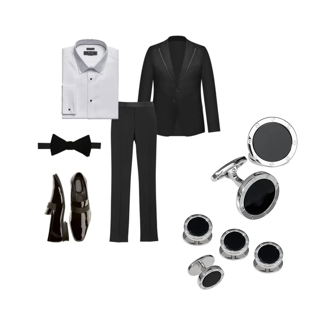 Onyx Gemstone Rivet Etch Sterling Cufflinks & Studs