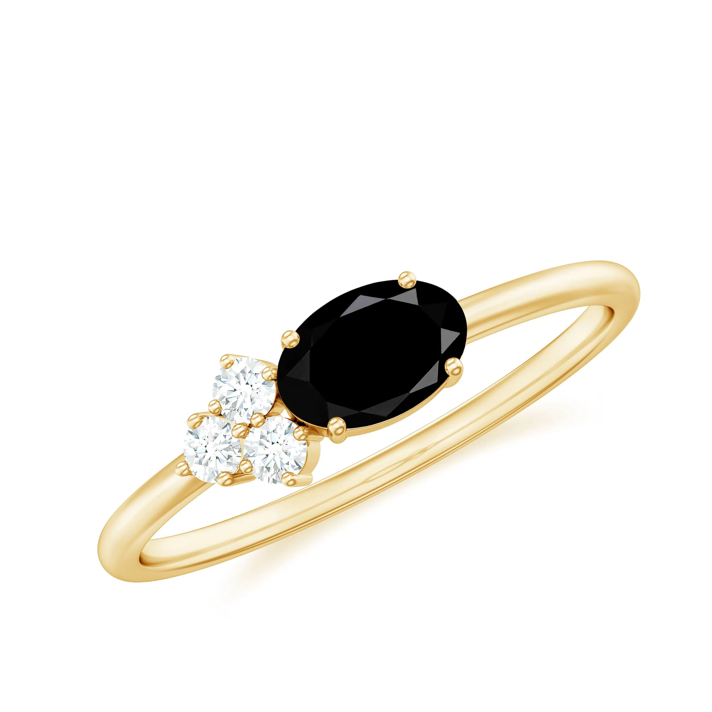 Oval Cut Black Onyx Minimal Ring with Diamond Trio