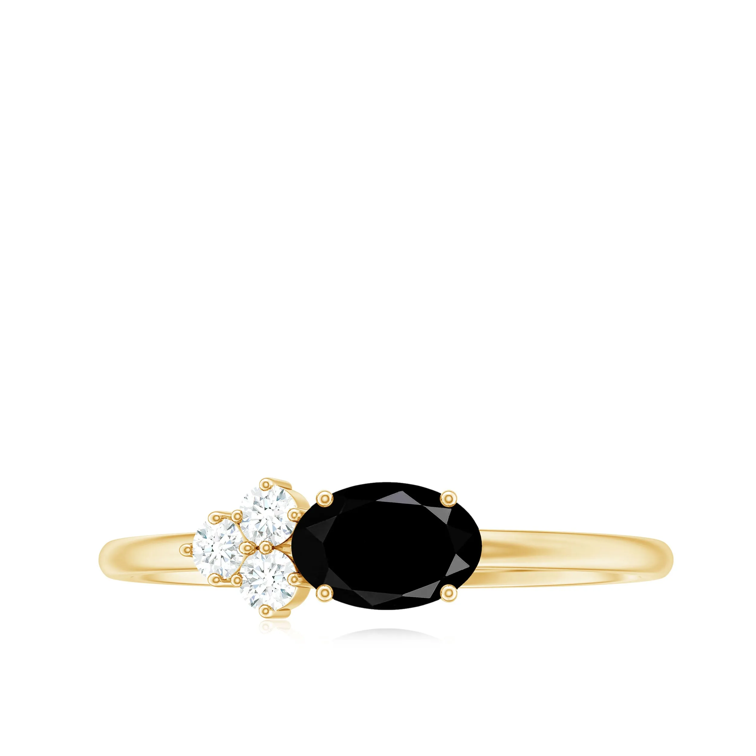 Oval Cut Black Onyx Minimal Ring with Diamond Trio