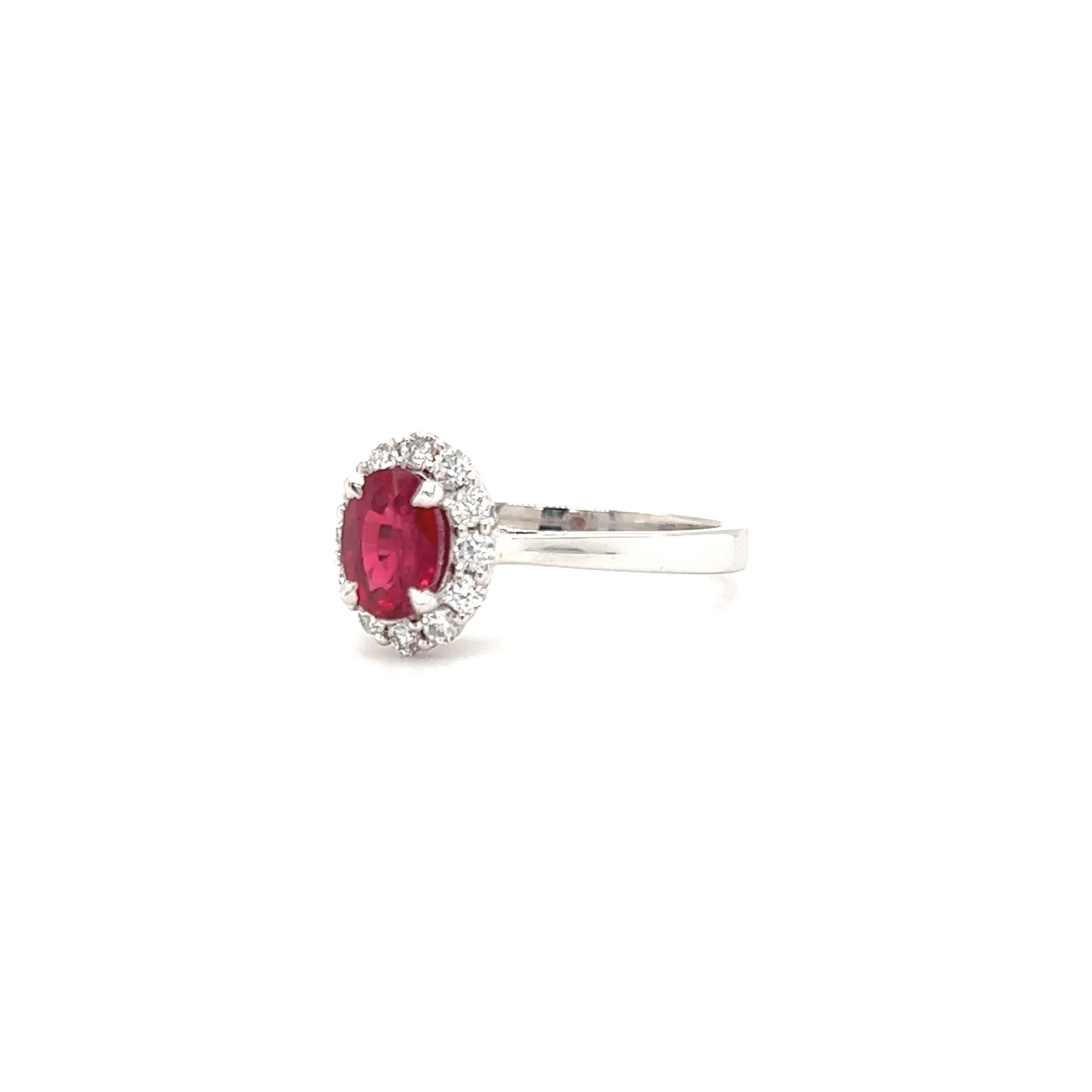 Oval Ruby Ring with Diamond Halo in 14K White Gold