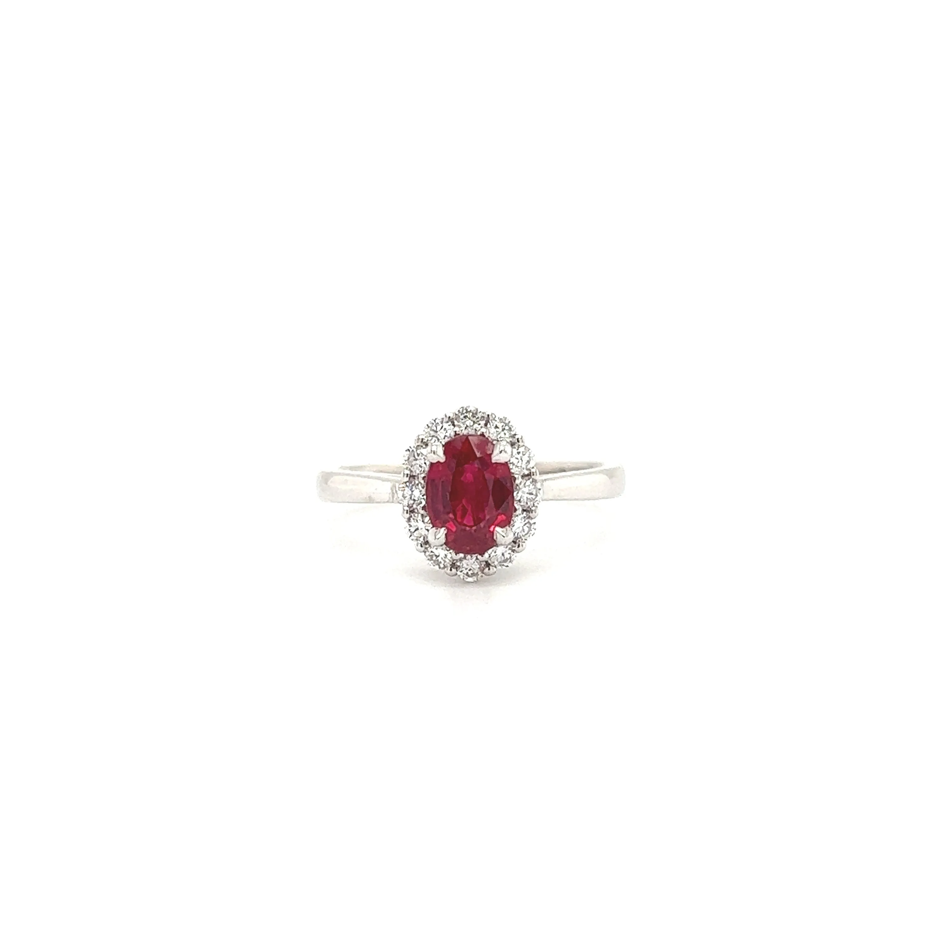 Oval Ruby Ring with Diamond Halo in 14K White Gold