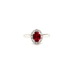 Oval Ruby Ring with Diamond Halo in 14K White Gold