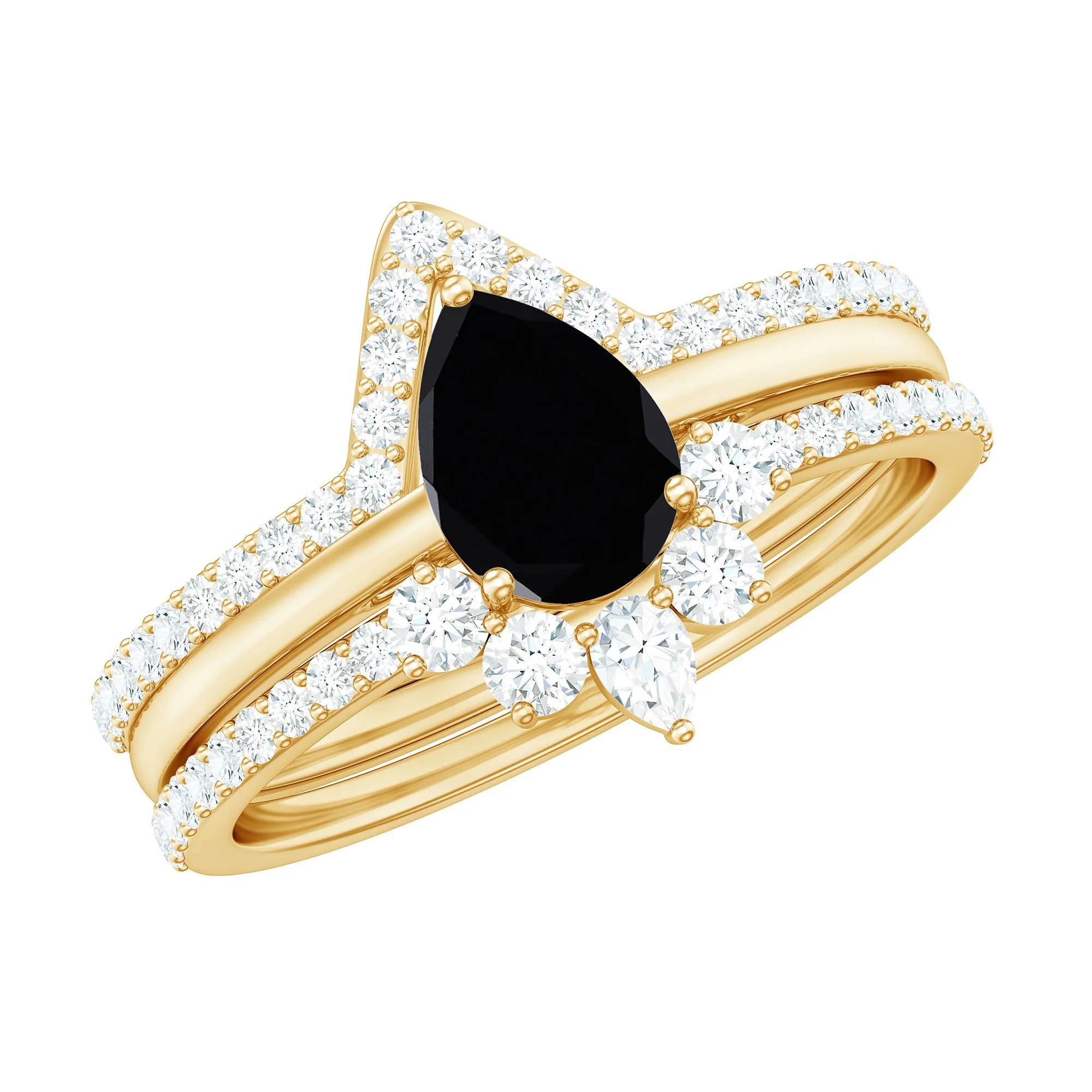 Pear Cut Black Onyx Trio Wedding Ring Set with Moissanite