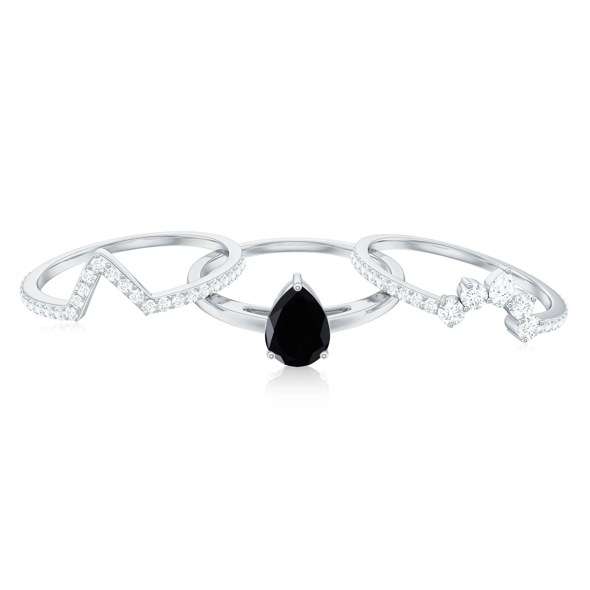 Pear Cut Black Onyx Trio Wedding Ring Set with Moissanite