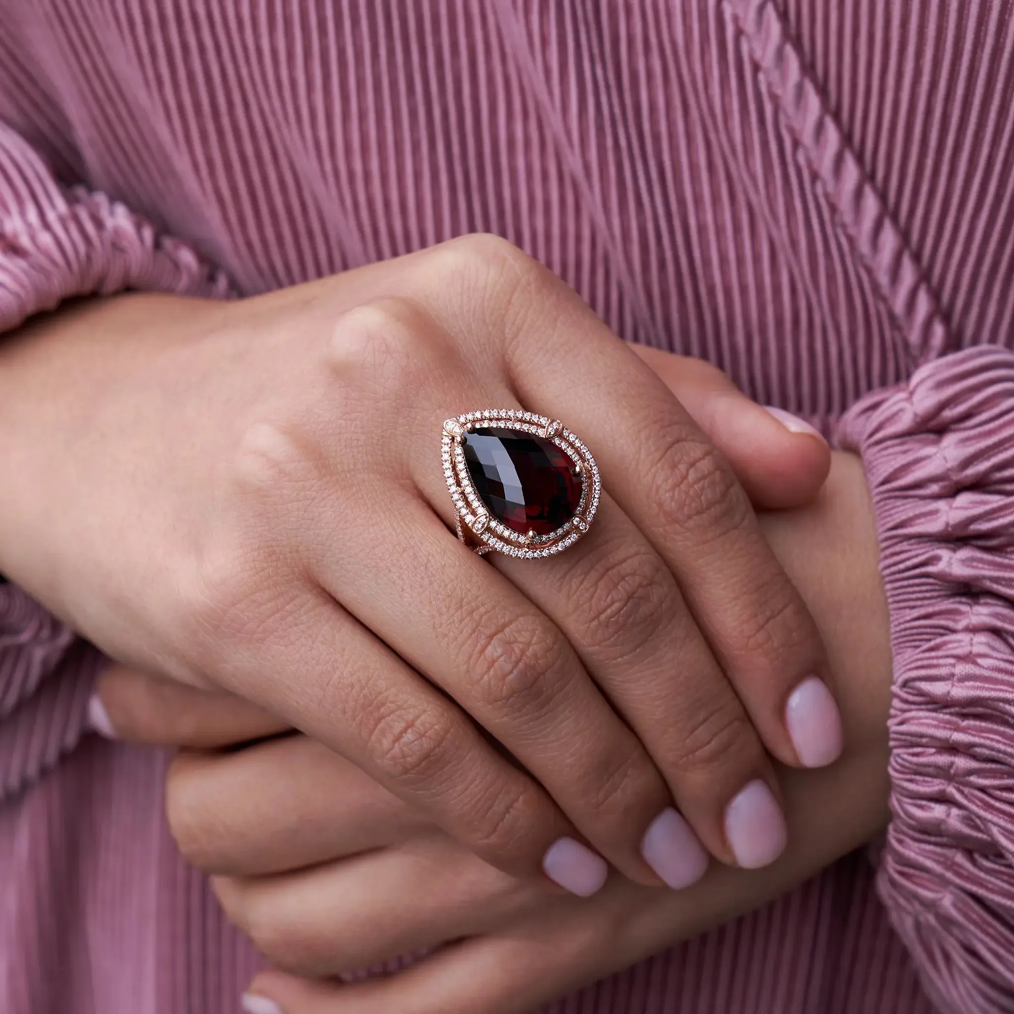 Pear Garnet Double Diamond Ring