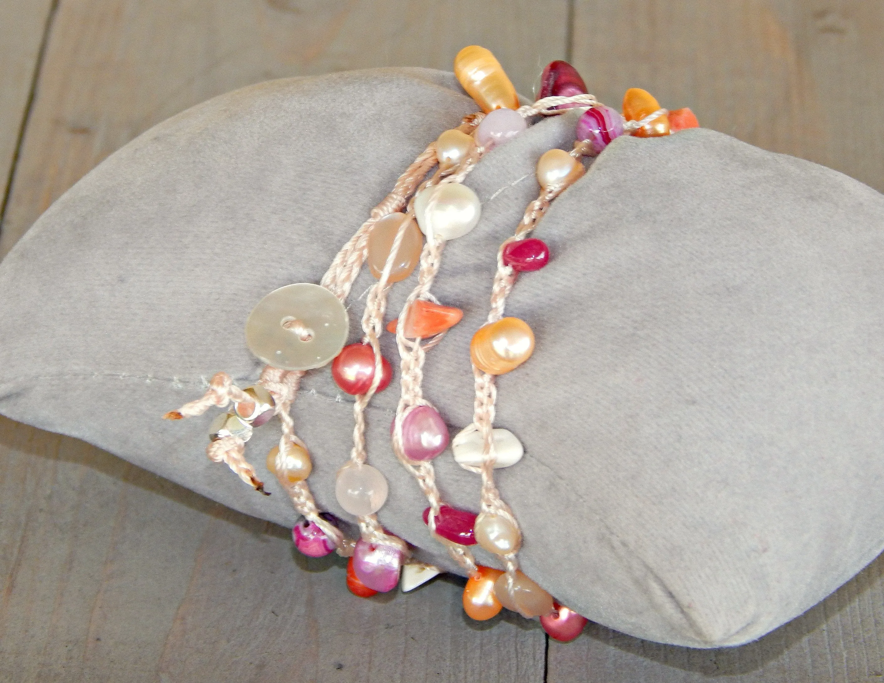 Pink, Blush, and Peach Pearl Wrap Bracelet, Anklet, Necklace