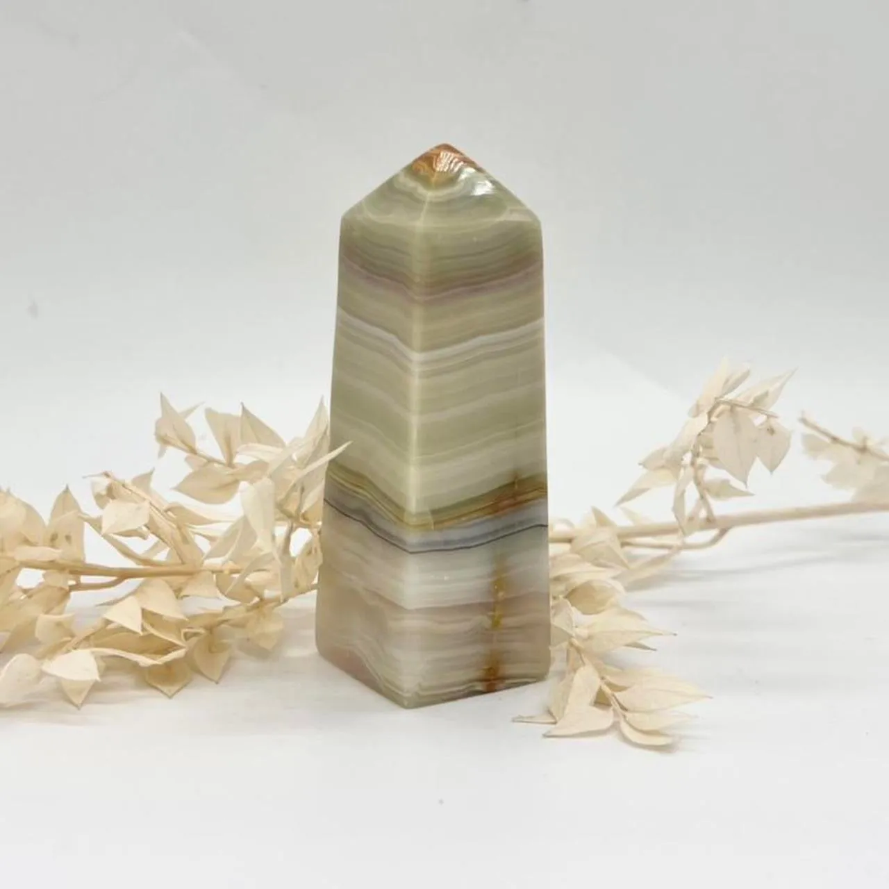 Pink / Green Banded Green Onyx Crystal Tower Point Generator