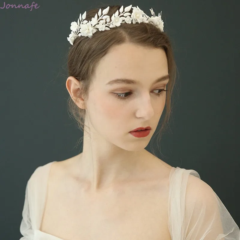 Porcelain Flower Wedding Crown Bridal Hair Tiara Silver Color Leaf Headpiece