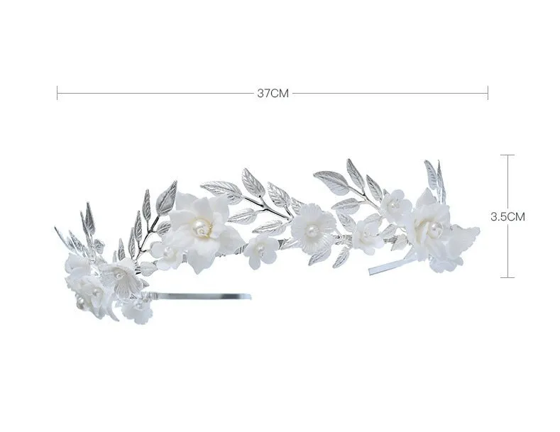 Porcelain Flower Wedding Crown Bridal Hair Tiara Silver Color Leaf Headpiece