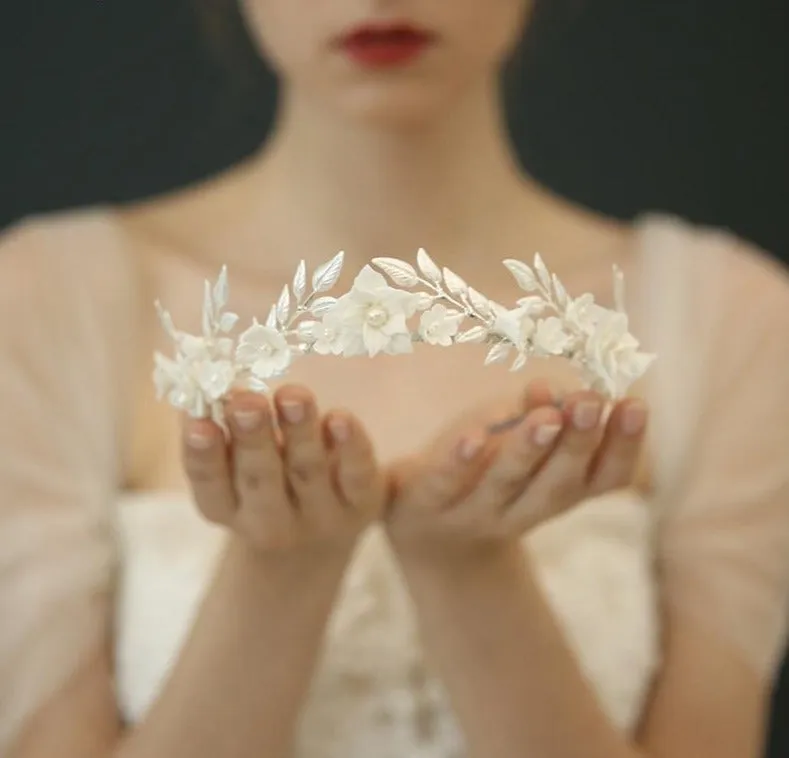 Porcelain Flower Wedding Crown Bridal Hair Tiara Silver Color Leaf Headpiece