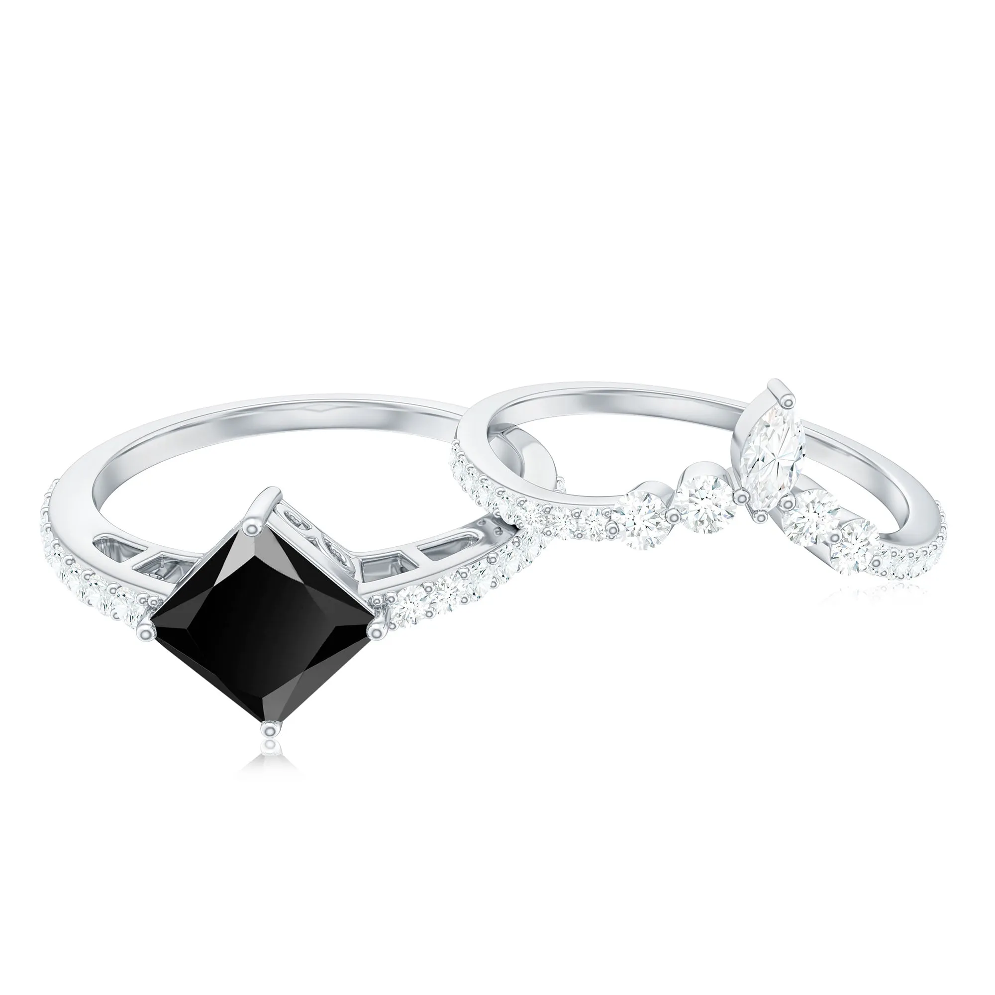 Princess Cut Solitaire Black Onyx Designer Ring Set with Moissanite