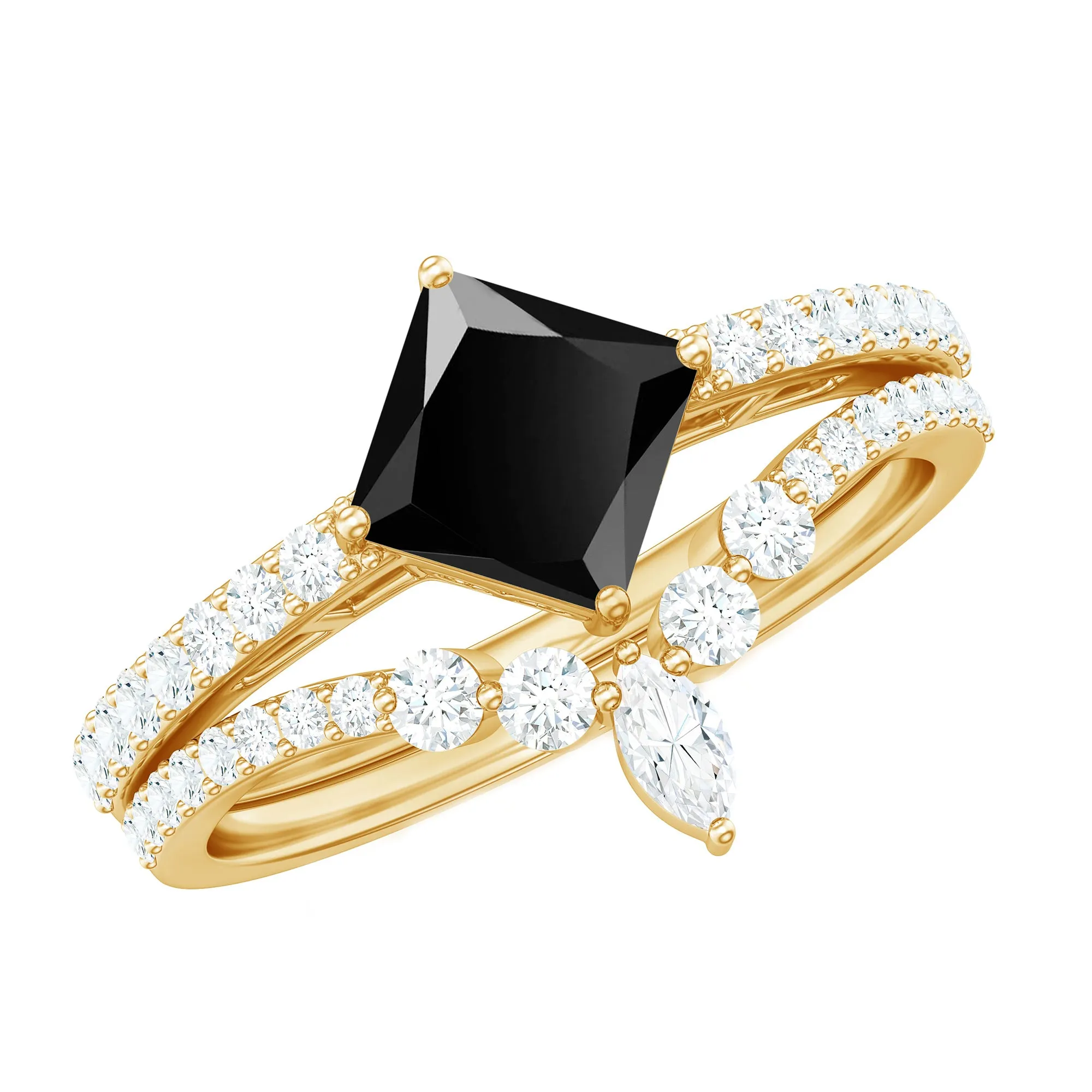 Princess Cut Solitaire Black Onyx Designer Ring Set with Moissanite