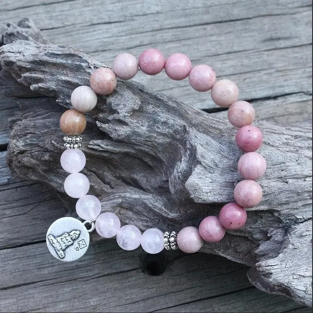 Rhodochrosite & Rose Quartz Bracelet with Charm/Necklace/Mala Set