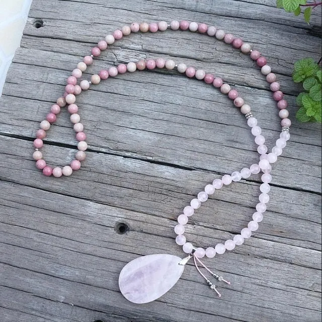 Rhodochrosite & Rose Quartz Bracelet with Charm/Necklace/Mala Set