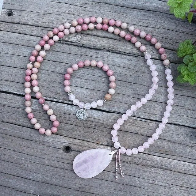 Rhodochrosite & Rose Quartz Bracelet with Charm/Necklace/Mala Set