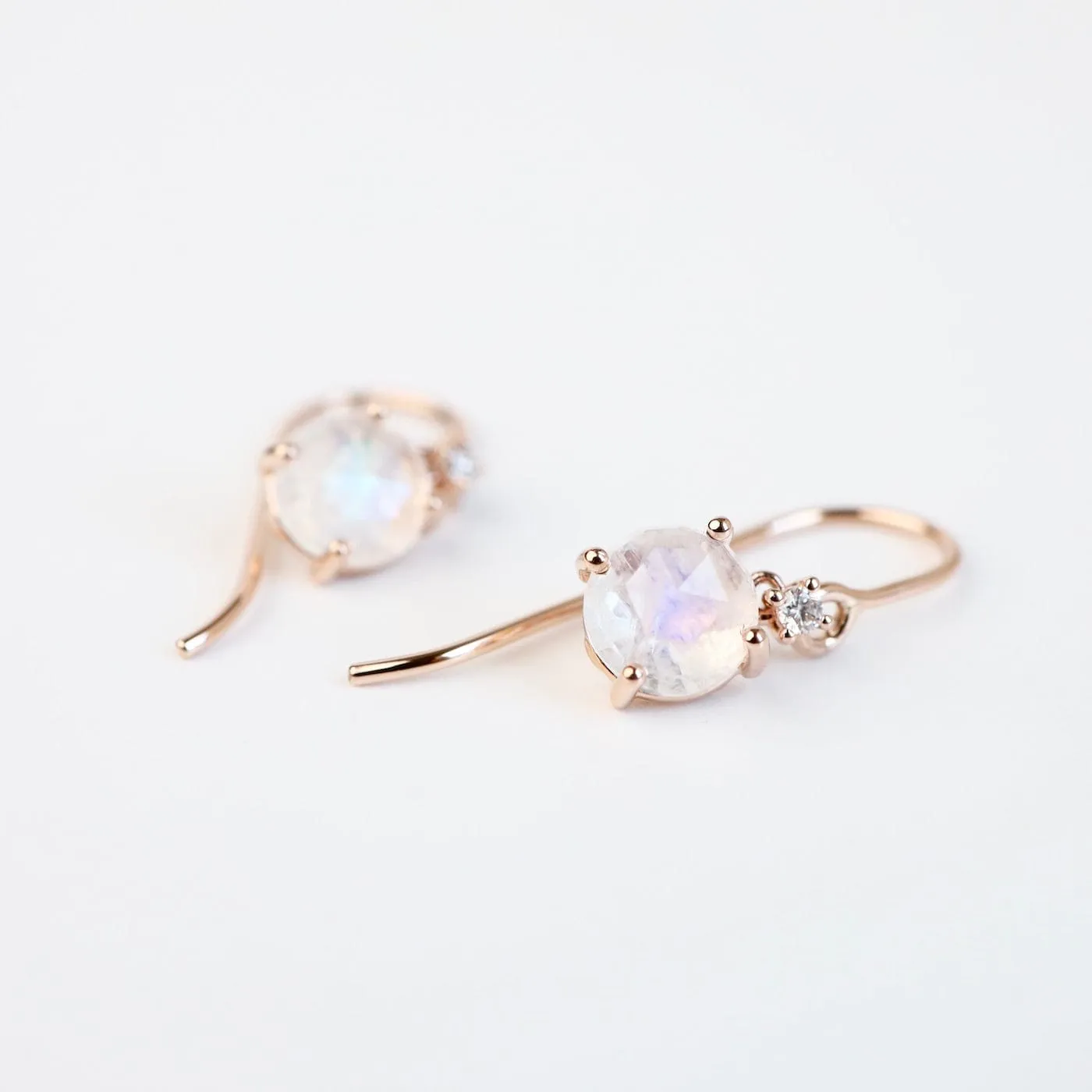 Rose Gold Round Rainbow Moonstone Drop Earrings