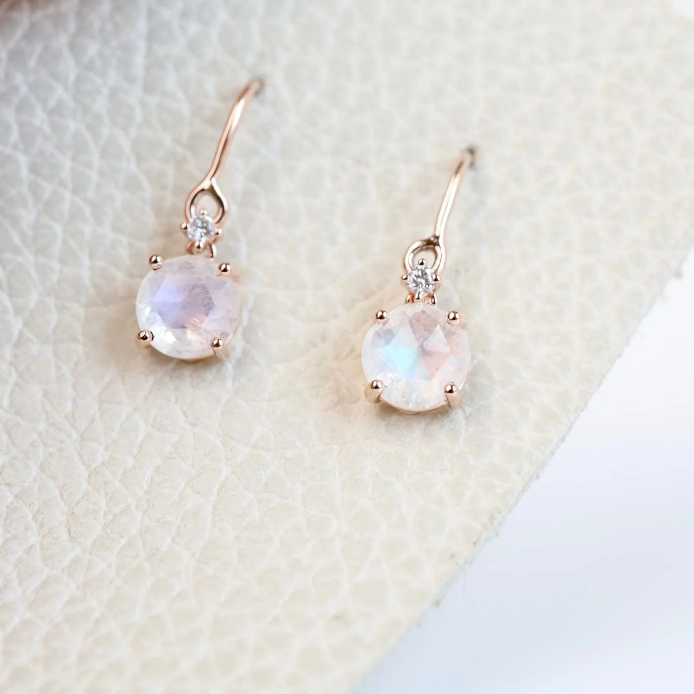 Rose Gold Round Rainbow Moonstone Drop Earrings