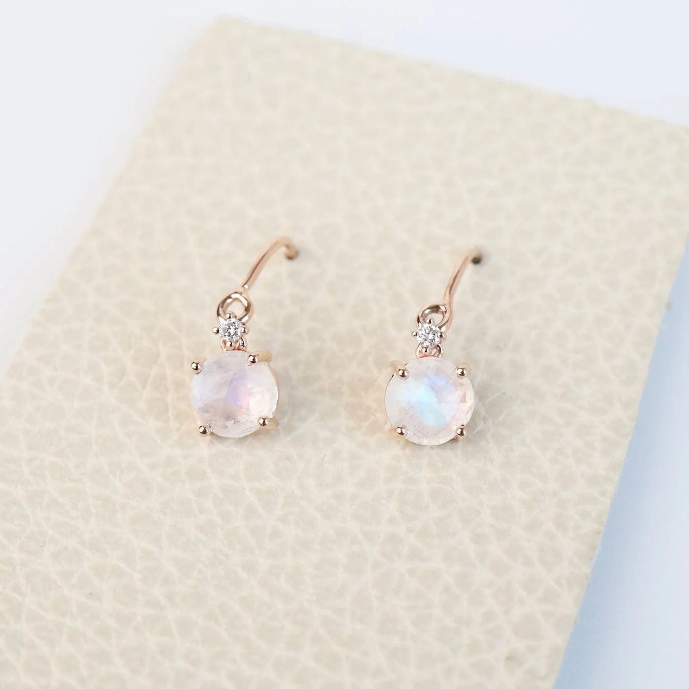 Rose Gold Round Rainbow Moonstone Drop Earrings