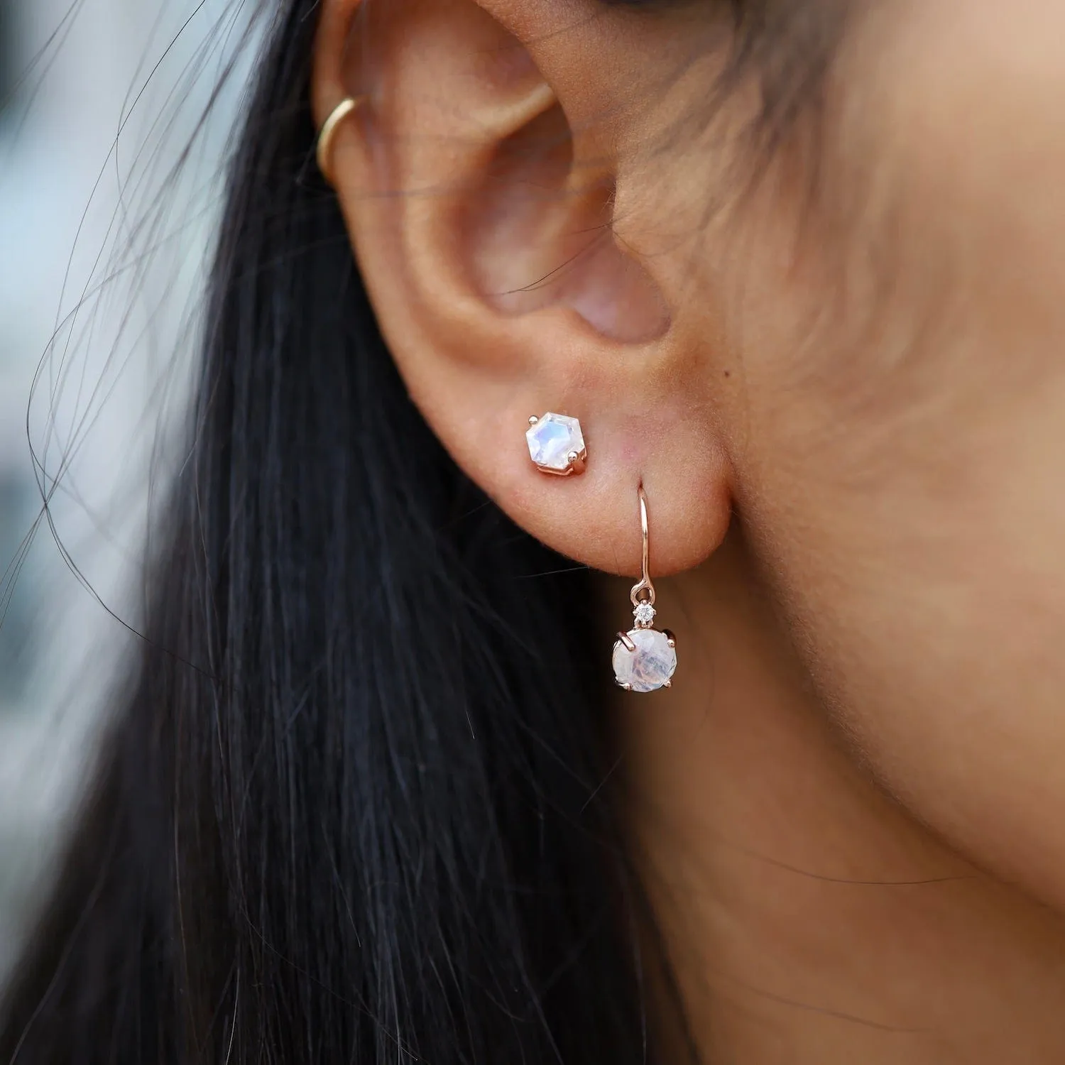 Rose Gold Round Rainbow Moonstone Drop Earrings