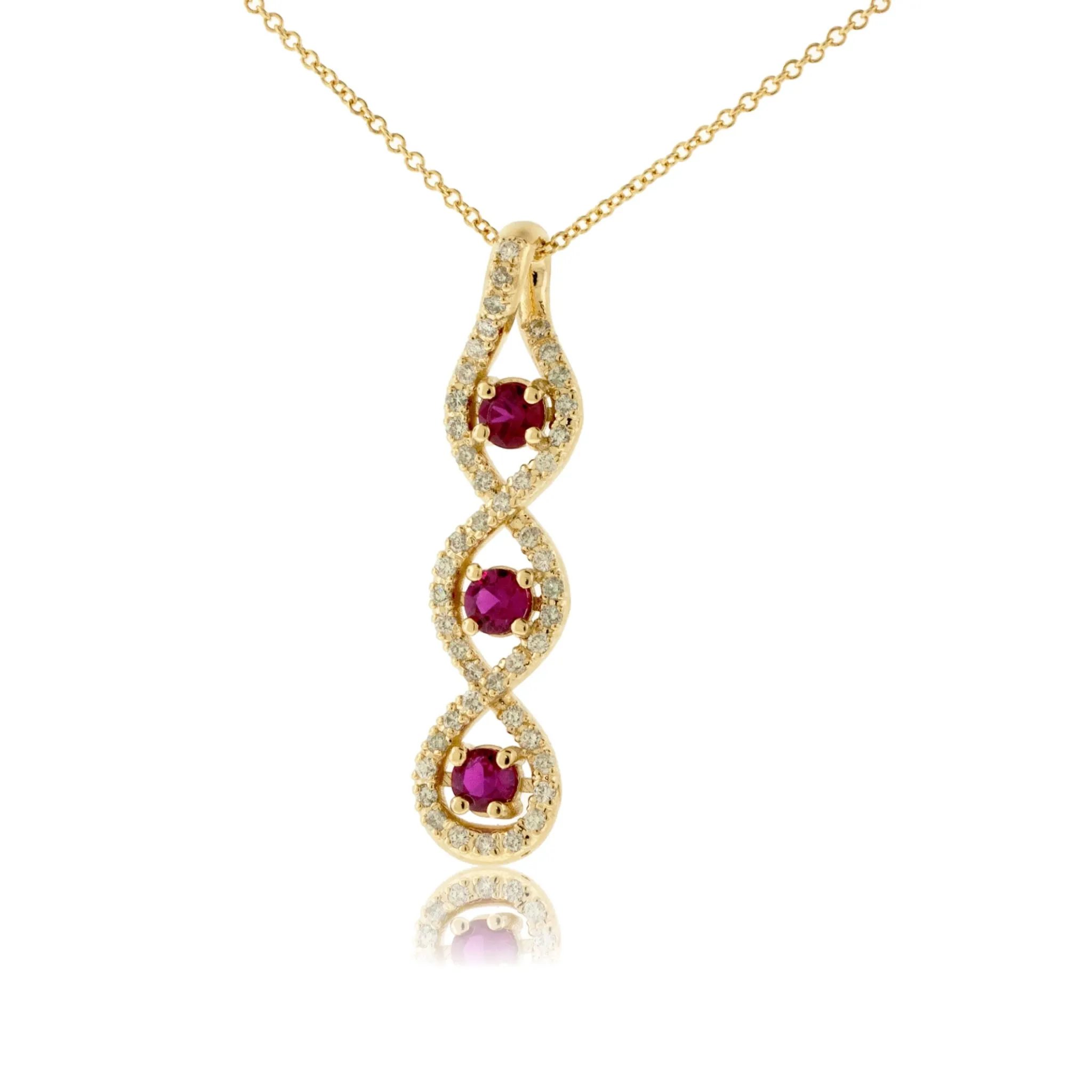 Round-Cut Three Ruby Pendant with Diamond Halos