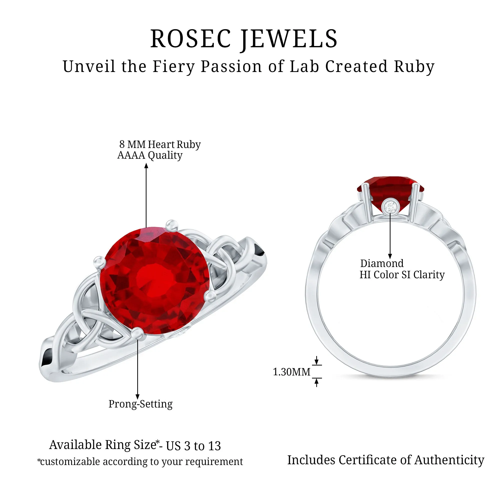 Round Lab Grown Ruby Solitaire Celtic Knot Ring with Diamond