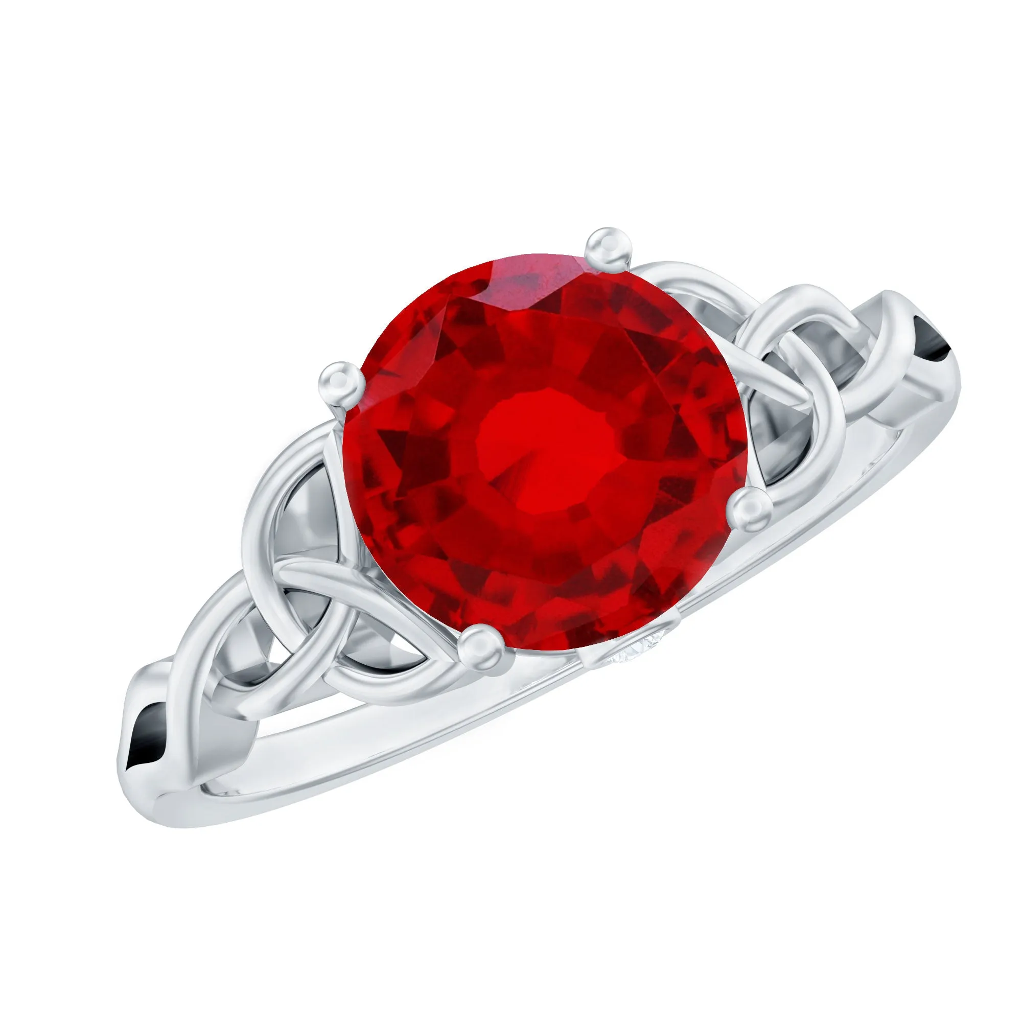 Round Lab Grown Ruby Solitaire Celtic Knot Ring with Diamond