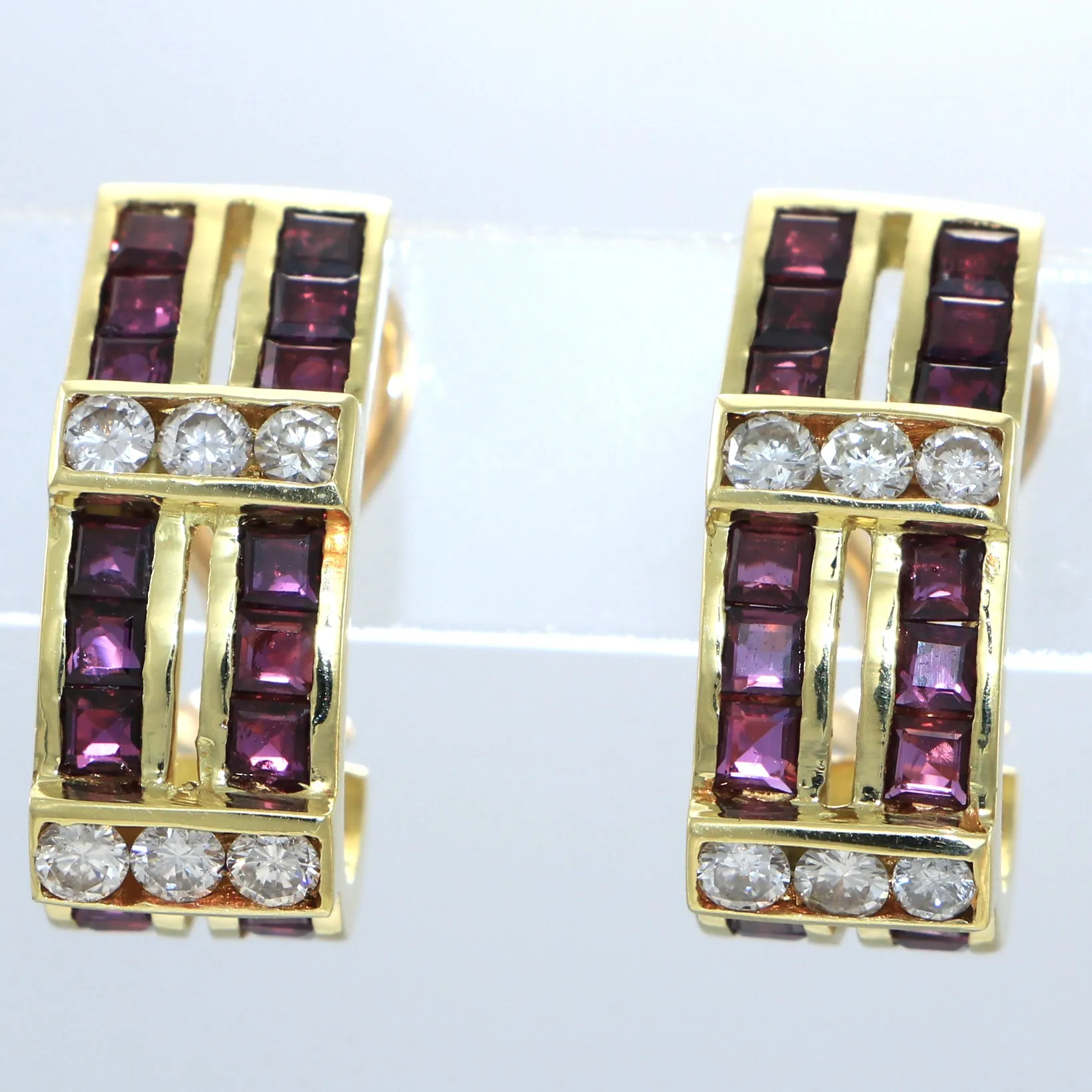 Ruby Diamond Huggie Cocktail Earrings 14k Yellow Gold Womens Vintage 1.24ctw 9mm