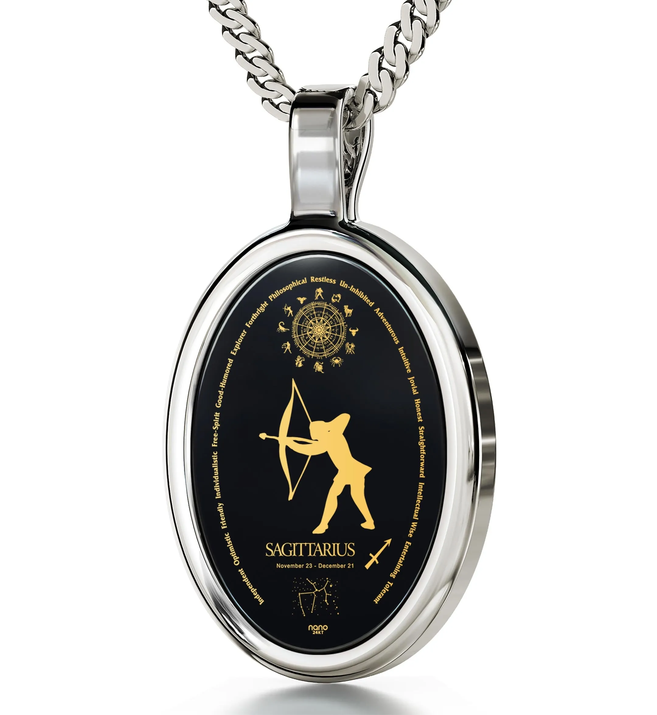 Sagittarius Necklace Zodiac Pendant 24k Gold Inscribed on Onyx Stone