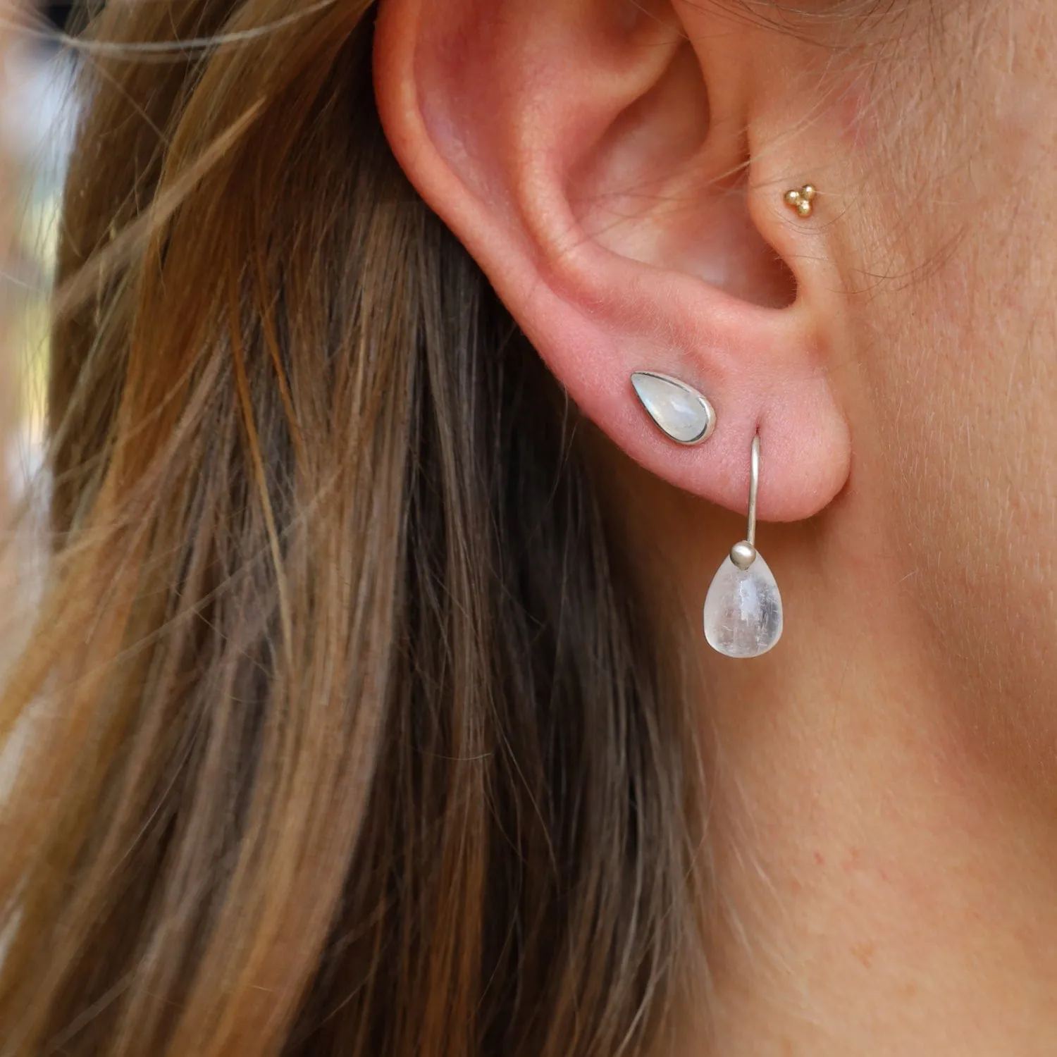 Shiny Little Rainbow Moonstone Tear Drop Stud