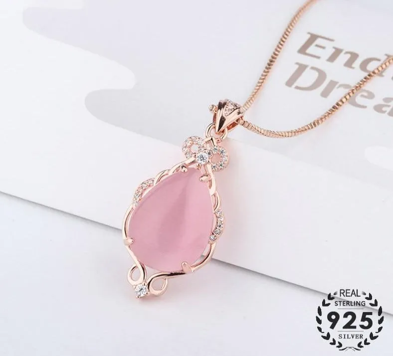 Silver 925 Jewelry Necklace with Water drop shape Pink rose quartz zircon gemstones Pendant for Women