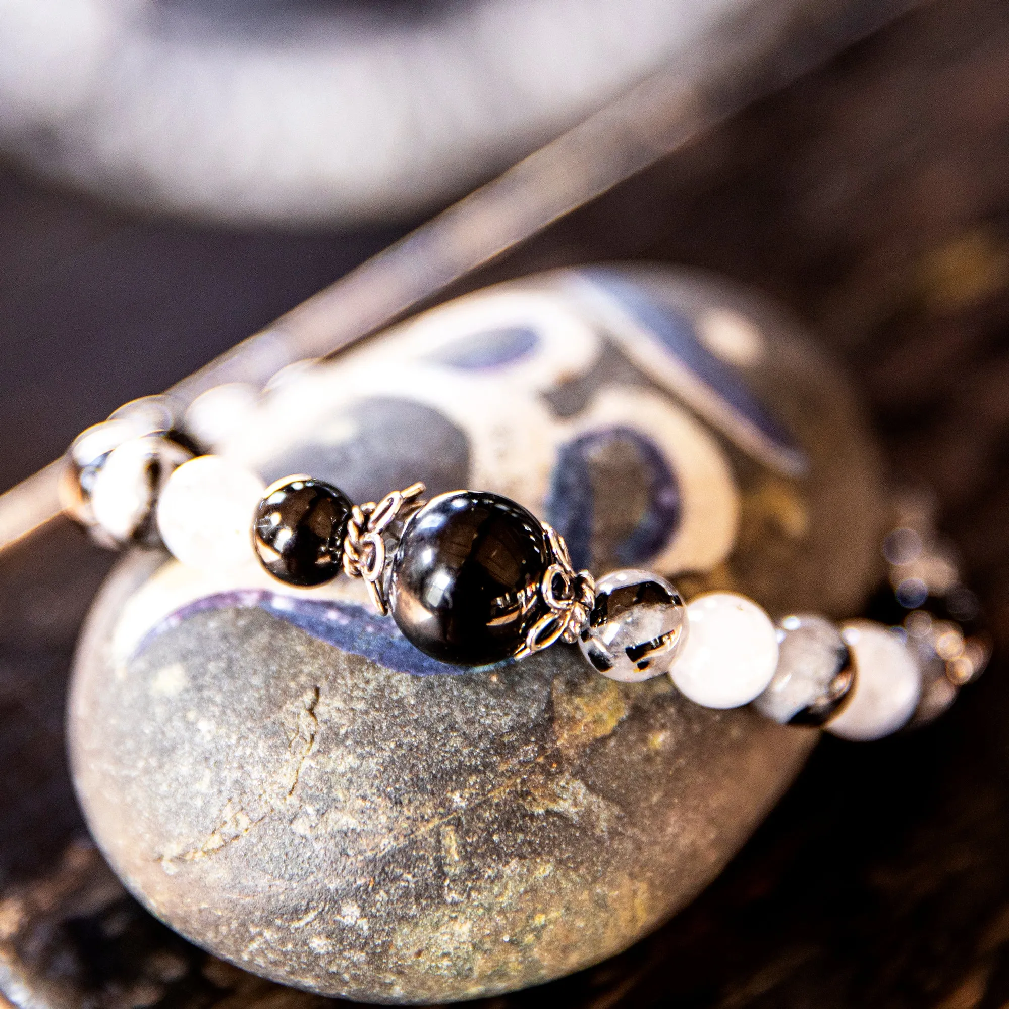 Stretchy Wrist Tourmalated Quartz with Black Onyx Mala