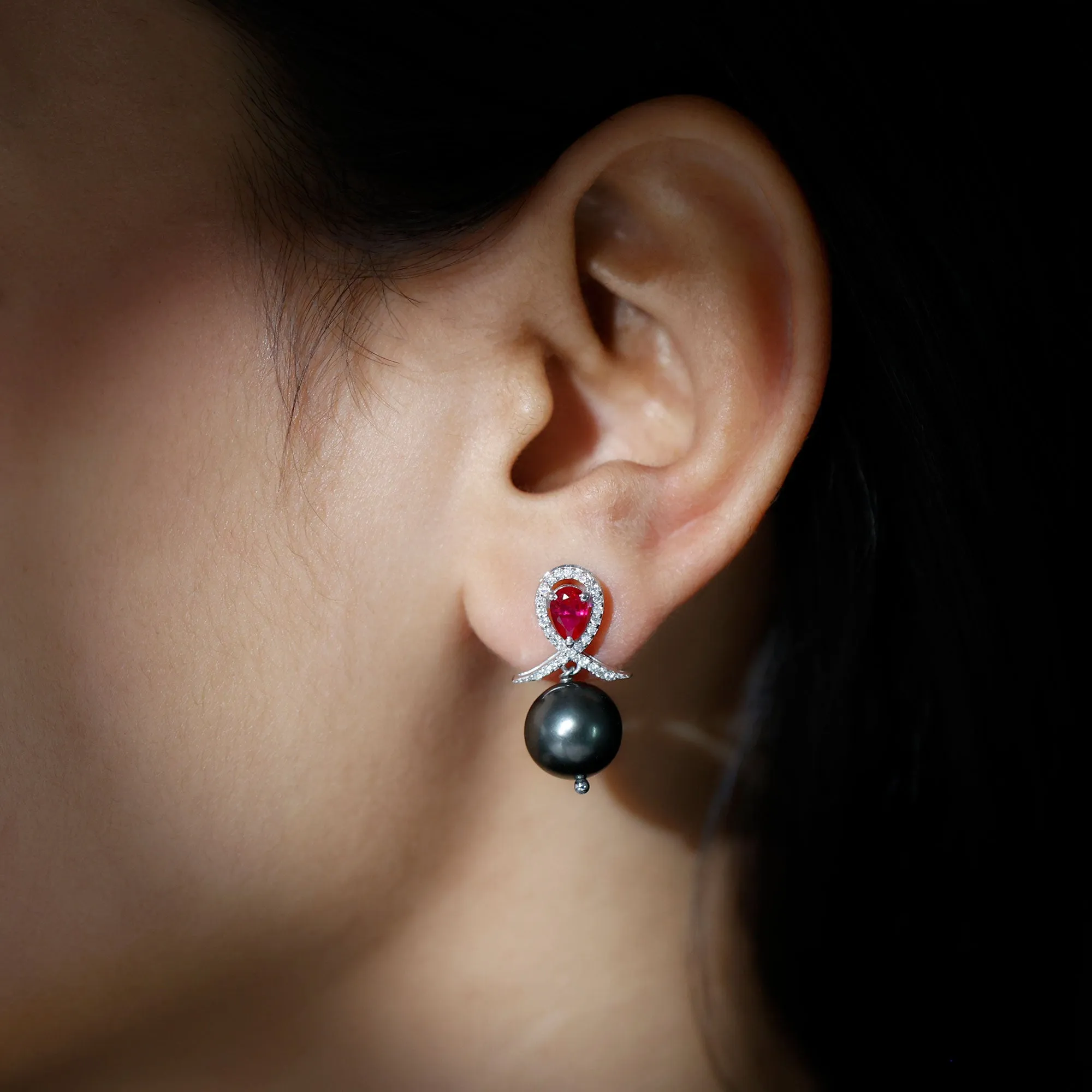 Tahitian Pearl and Created Ruby Drop Earrings with Moissanite