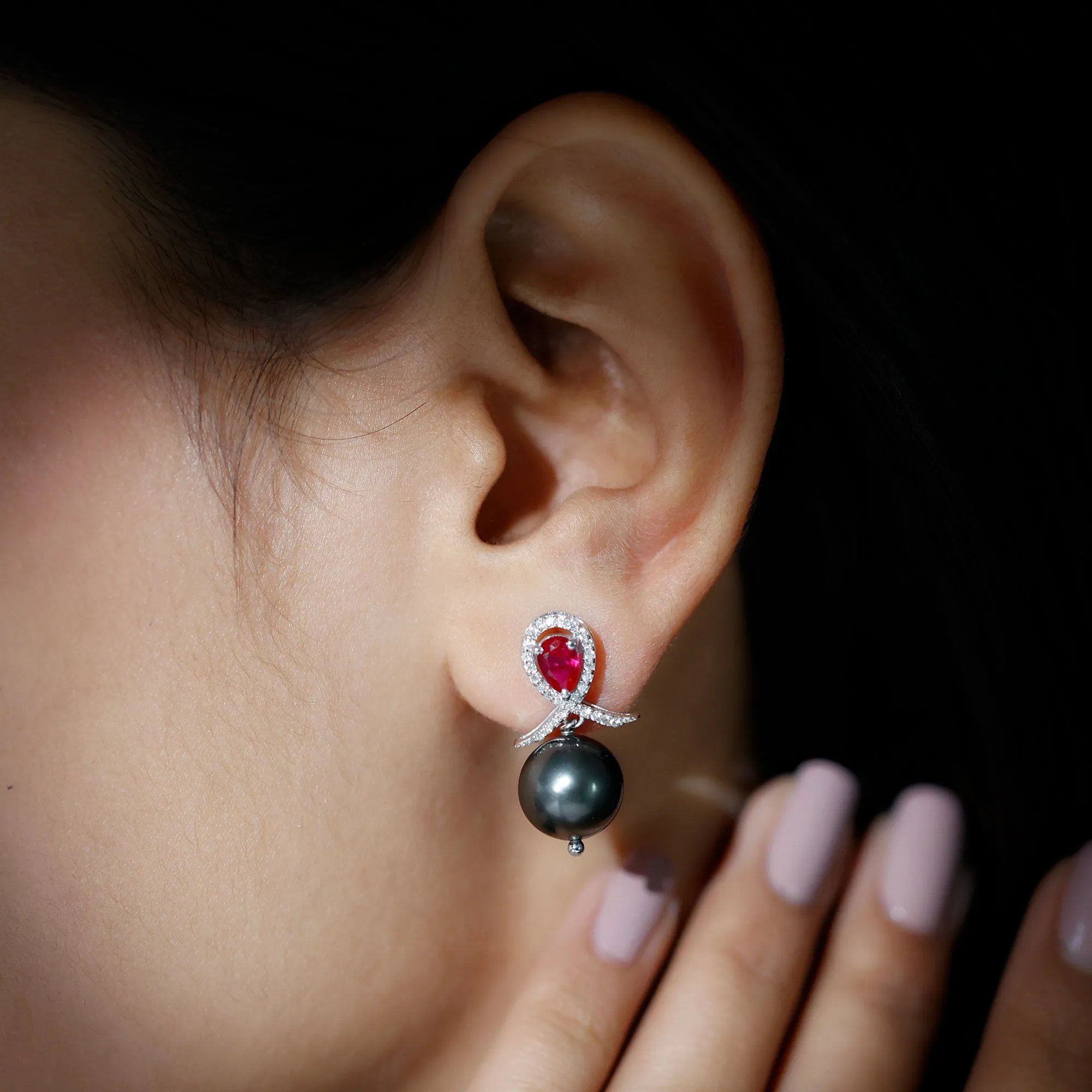 Tahitian Pearl and Created Ruby Drop Earrings with Moissanite